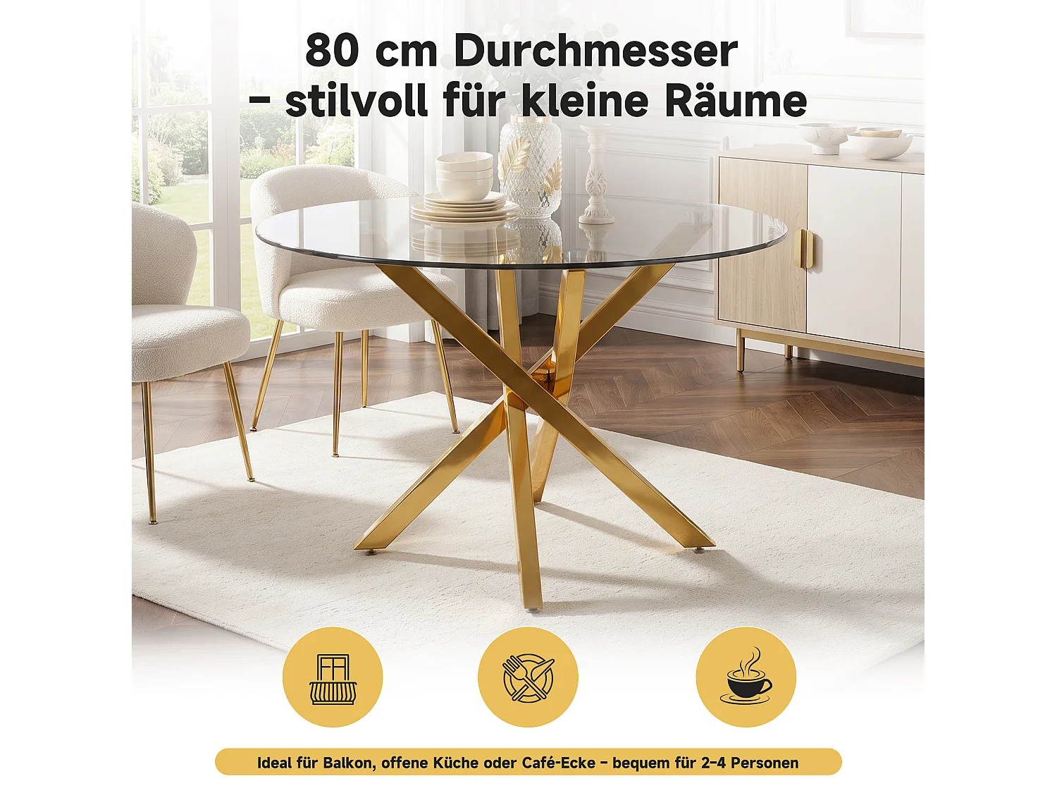 Ronde eettafel met blad van gehard glas en goudkleurige gekruiste poten - Glas en metaal - 80 x 80 x 75 cm - Goud en glas