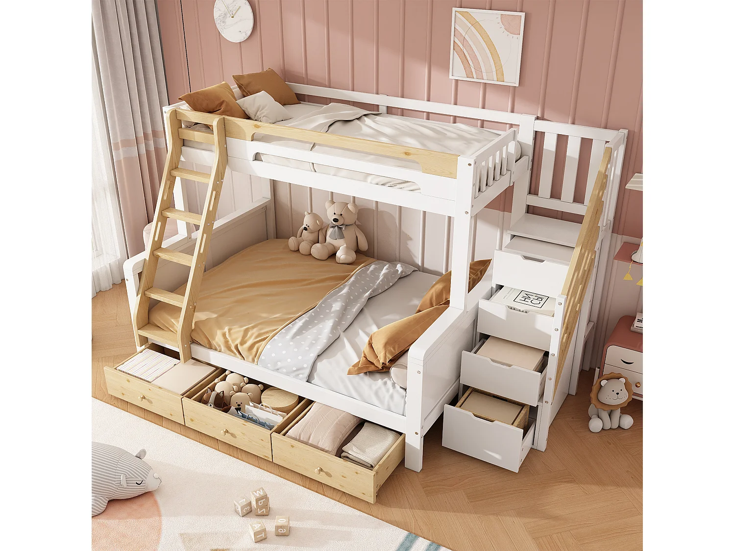 Våningssäng 90 x 200 + 140 x 200 cm med förvaringsstege och 3 lådor - Furu + MDF - Vit + naturträ (Madrass ingår ej)