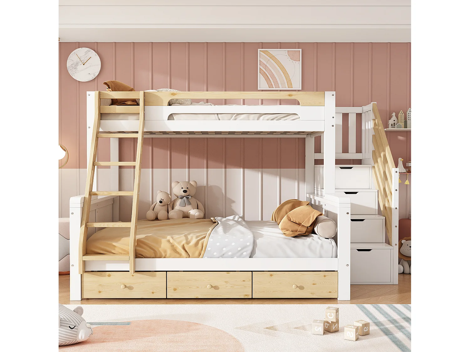 Våningssäng 90 x 200 + 140 x 200 cm med förvaringsstege och 3 lådor - Furu + MDF - Vit + naturträ (Madrass ingår ej)