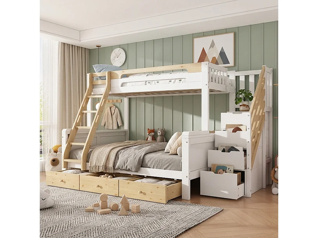 Våningssäng 90 x 200 + 140 x 200 cm med förvaringsstege och 3 lådor - Furu + MDF - Vit + naturträ (Madrass ingår ej)