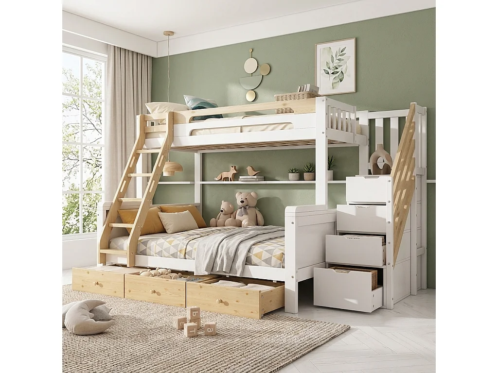 Våningssäng 90 x 200 + 140 x 200 cm med förvaringsstege och 3 lådor - Furu + MDF - Vit + naturträ (Madrass ingår ej)