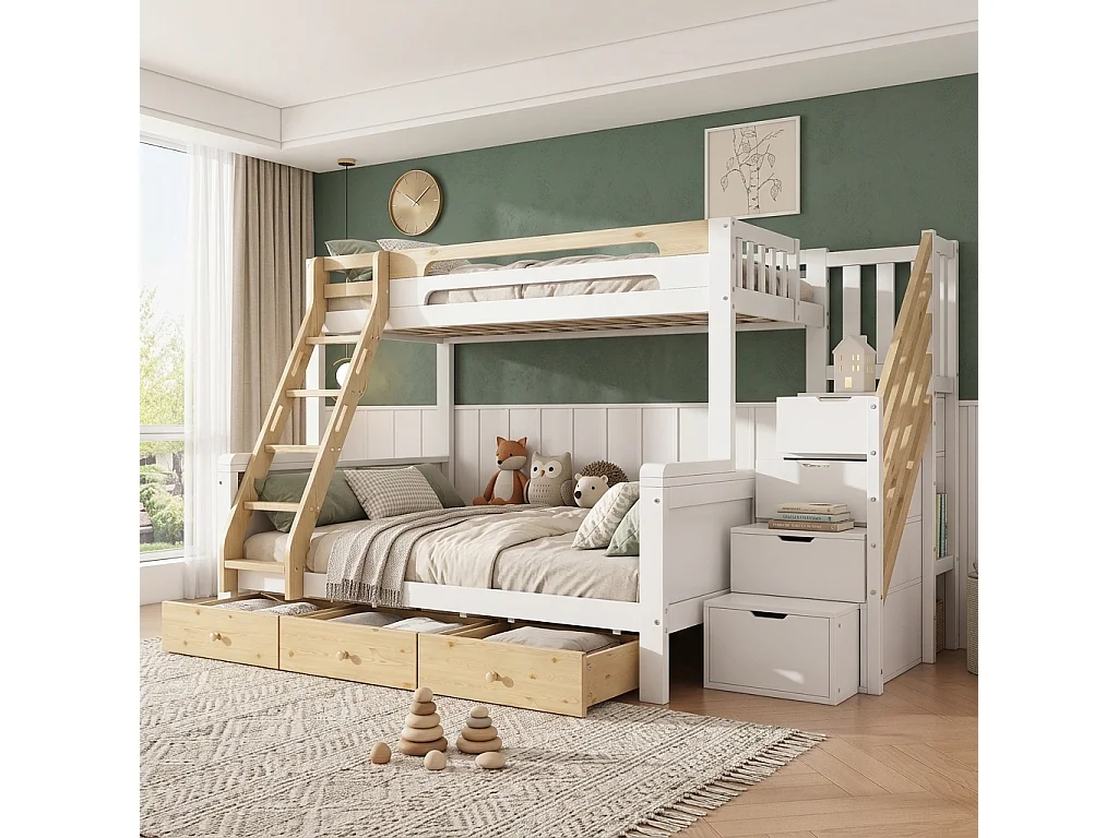 Våningssäng 90 x 200 + 140 x 200 cm med förvaringsstege och 3 lådor - Furu + MDF - Vit + naturträ (Madrass ingår ej)