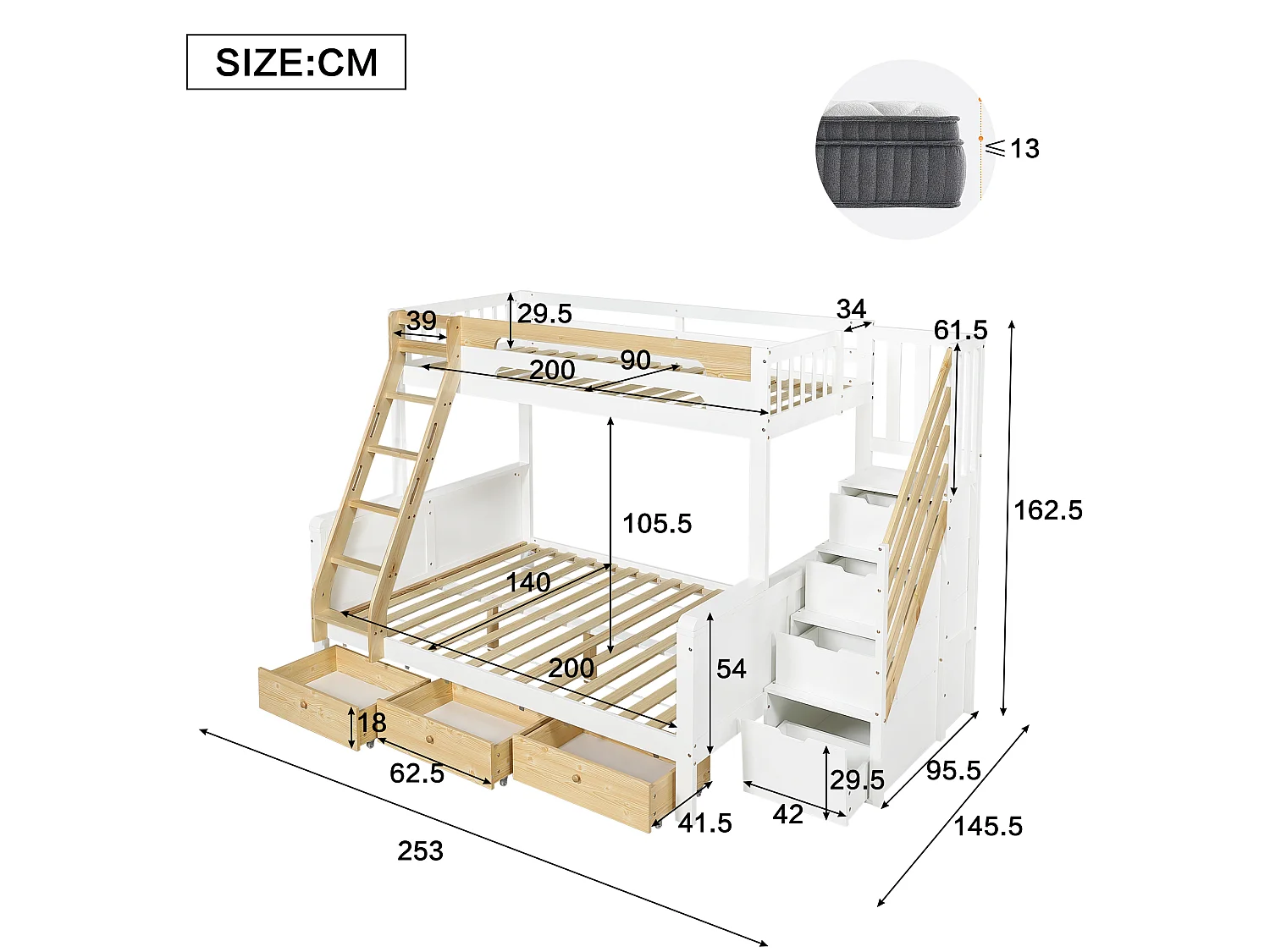 Våningssäng 90 x 200 + 140 x 200 cm med förvaringsstege och 3 lådor - Furu + MDF - Vit + naturträ (Madrass ingår ej)