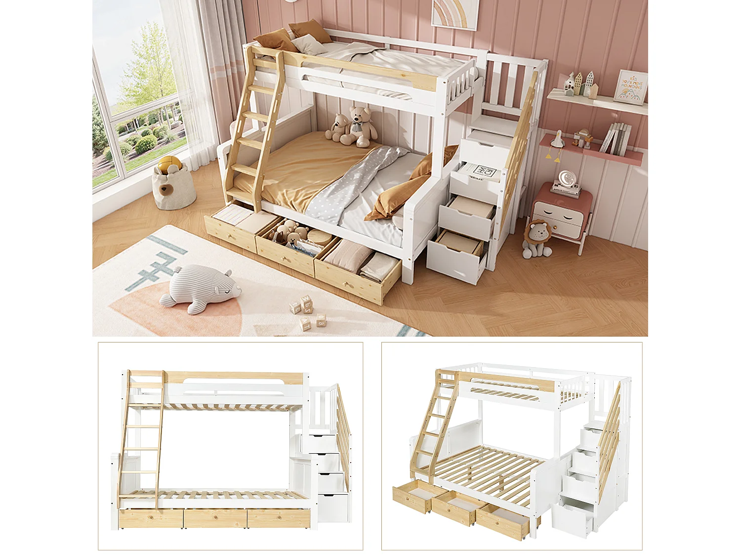 Våningssäng 90 x 200 + 140 x 200 cm med förvaringsstege och 3 lådor - Furu + MDF - Vit + naturträ (Madrass ingår ej)