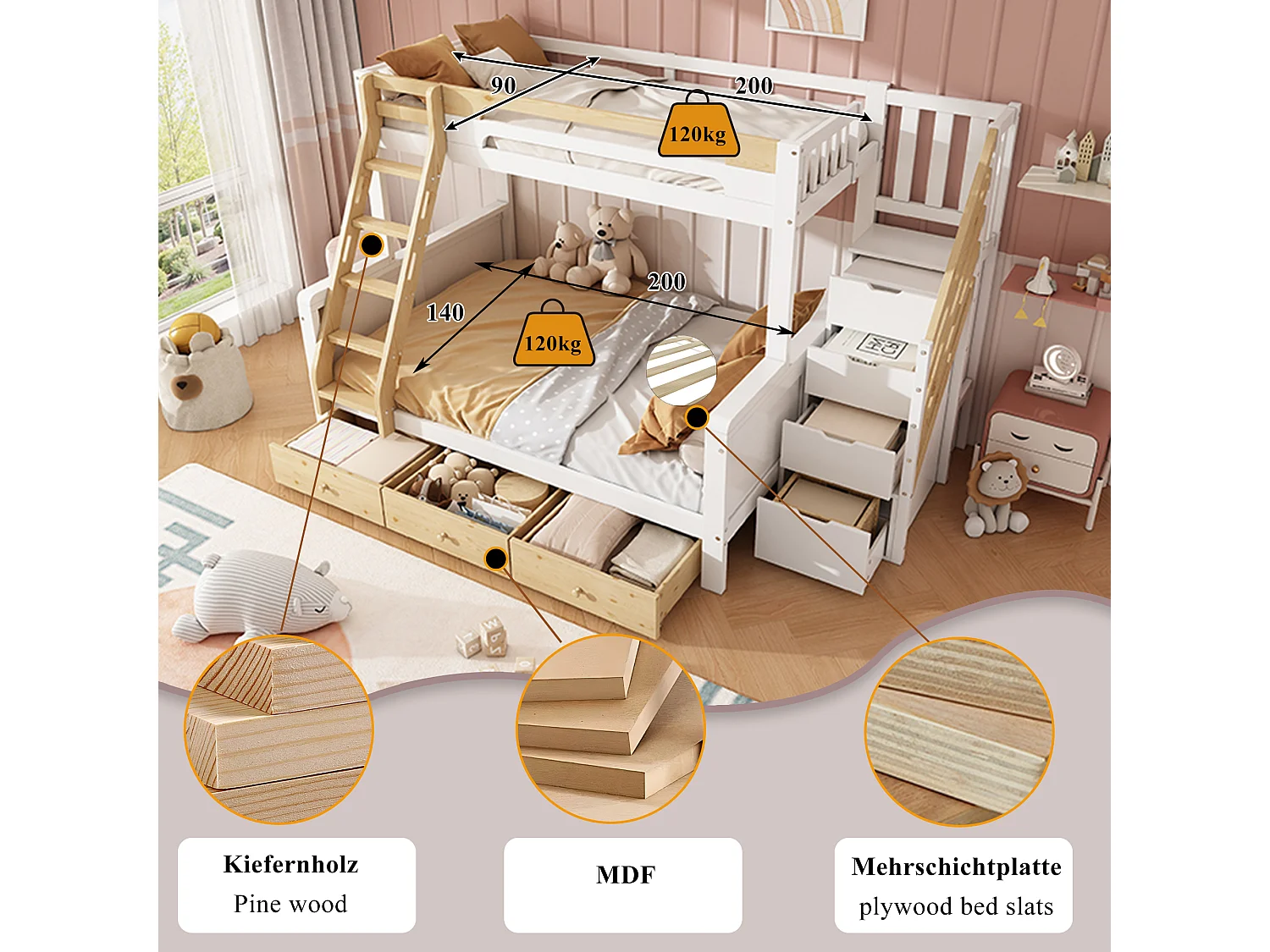 Våningssäng 90 x 200 + 140 x 200 cm med förvaringsstege och 3 lådor - Furu + MDF - Vit + naturträ (Madrass ingår ej)