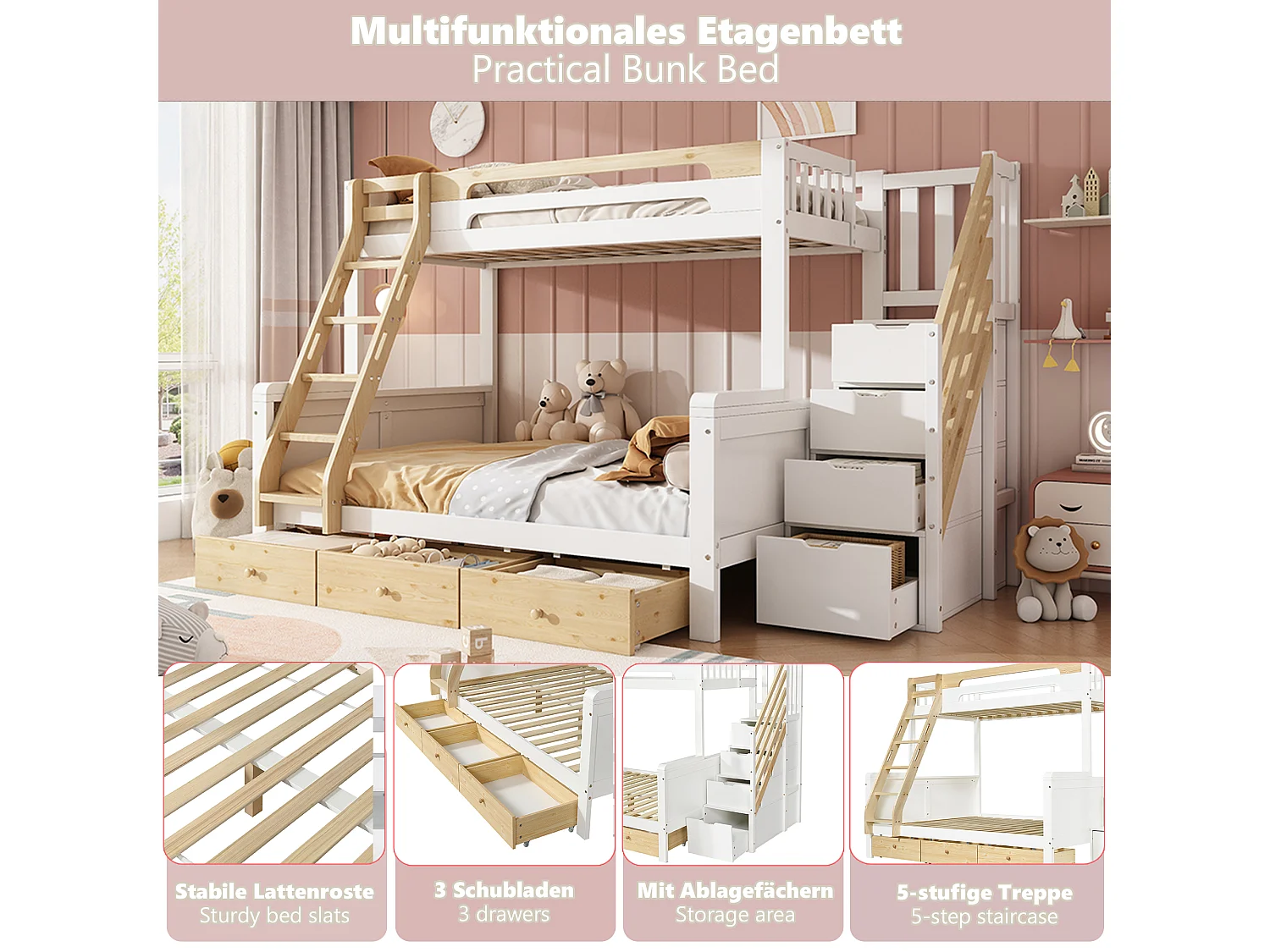 Våningssäng 90 x 200 + 140 x 200 cm med förvaringsstege och 3 lådor - Furu + MDF - Vit + naturträ (Madrass ingår ej)