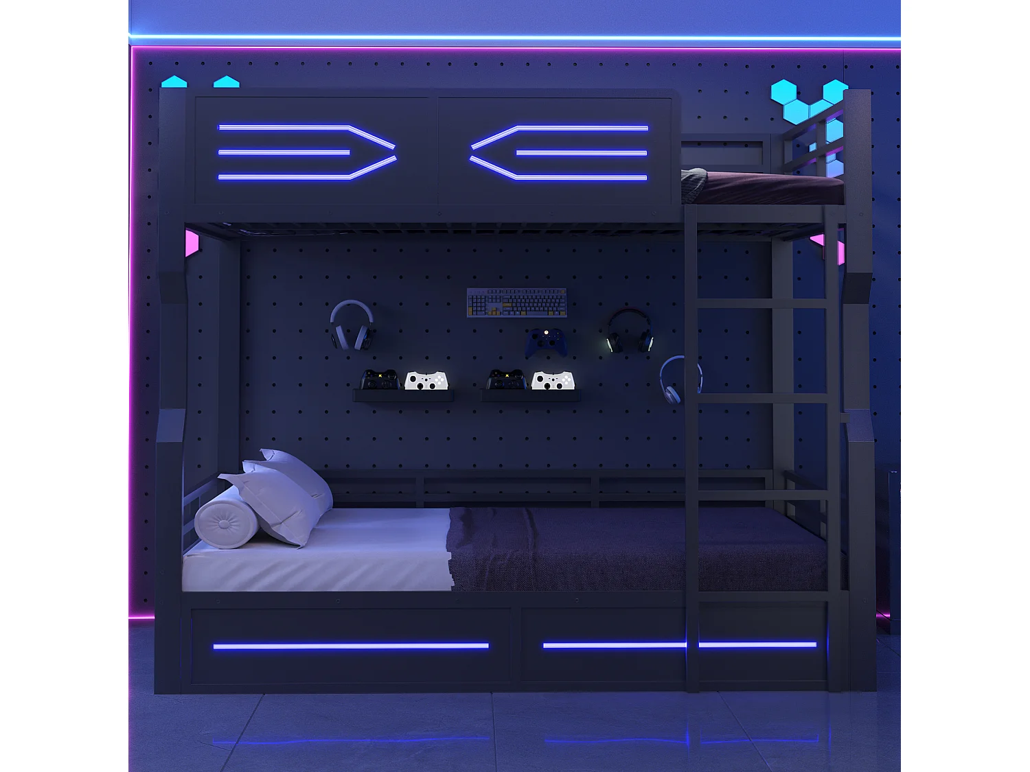 Stapelbed 2 x 140 x 200 cm met LED-verlichting, veiligheidshekjes en ladder - Metaal - Zwart (Matrasen niet inbegrepen)
