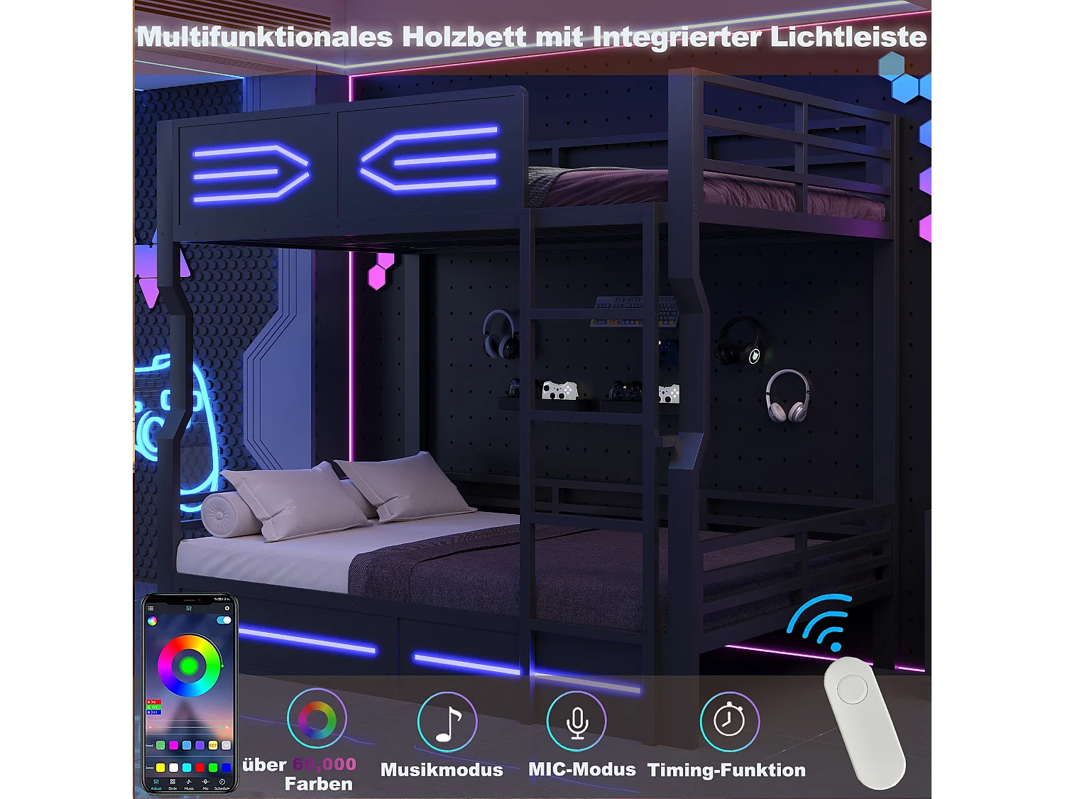 Stapelbed 2 x 140 x 200 cm met LED-verlichting, veiligheidshekjes en ladder - Metaal - Zwart (Matrasen niet inbegrepen)