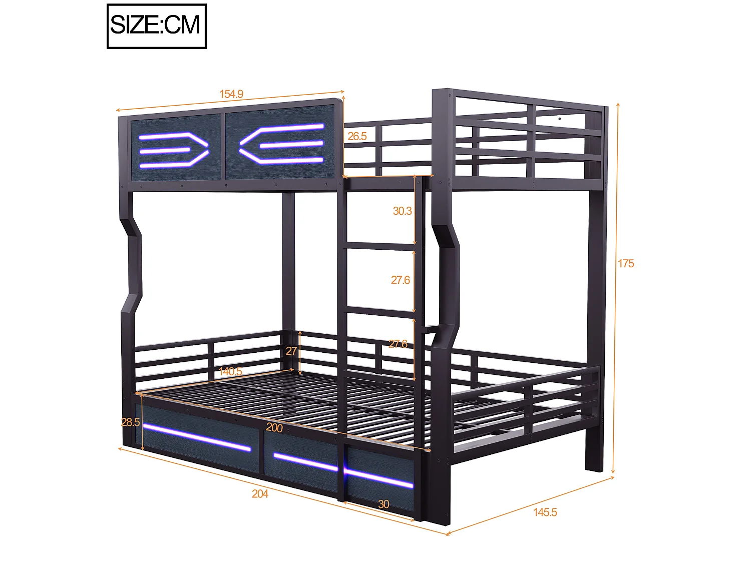 Stapelbed 2 x 140 x 200 cm met LED-verlichting, veiligheidshekjes en ladder - Metaal - Zwart (Matrasen niet inbegrepen)