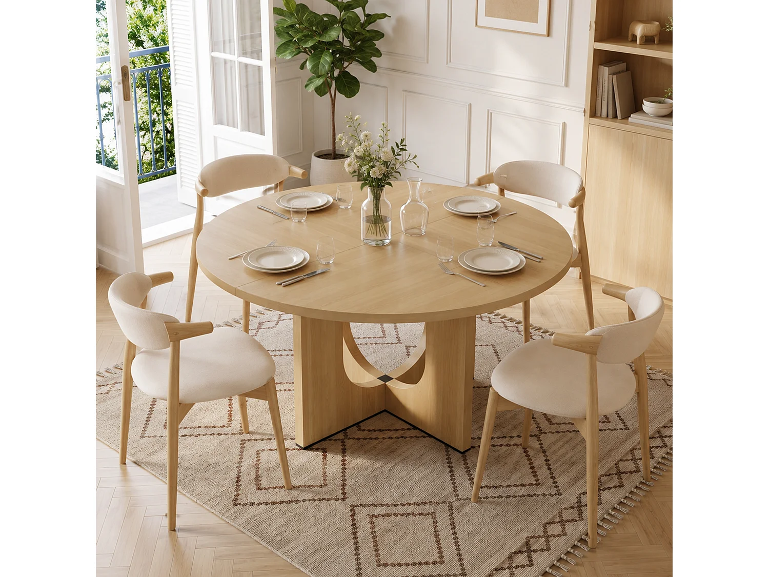 Table à manger ronde 120 cm pour 4 à 6 couverts, design scandinave minimaliste - MDF - 120 x 120 x 75 cm - Chêne