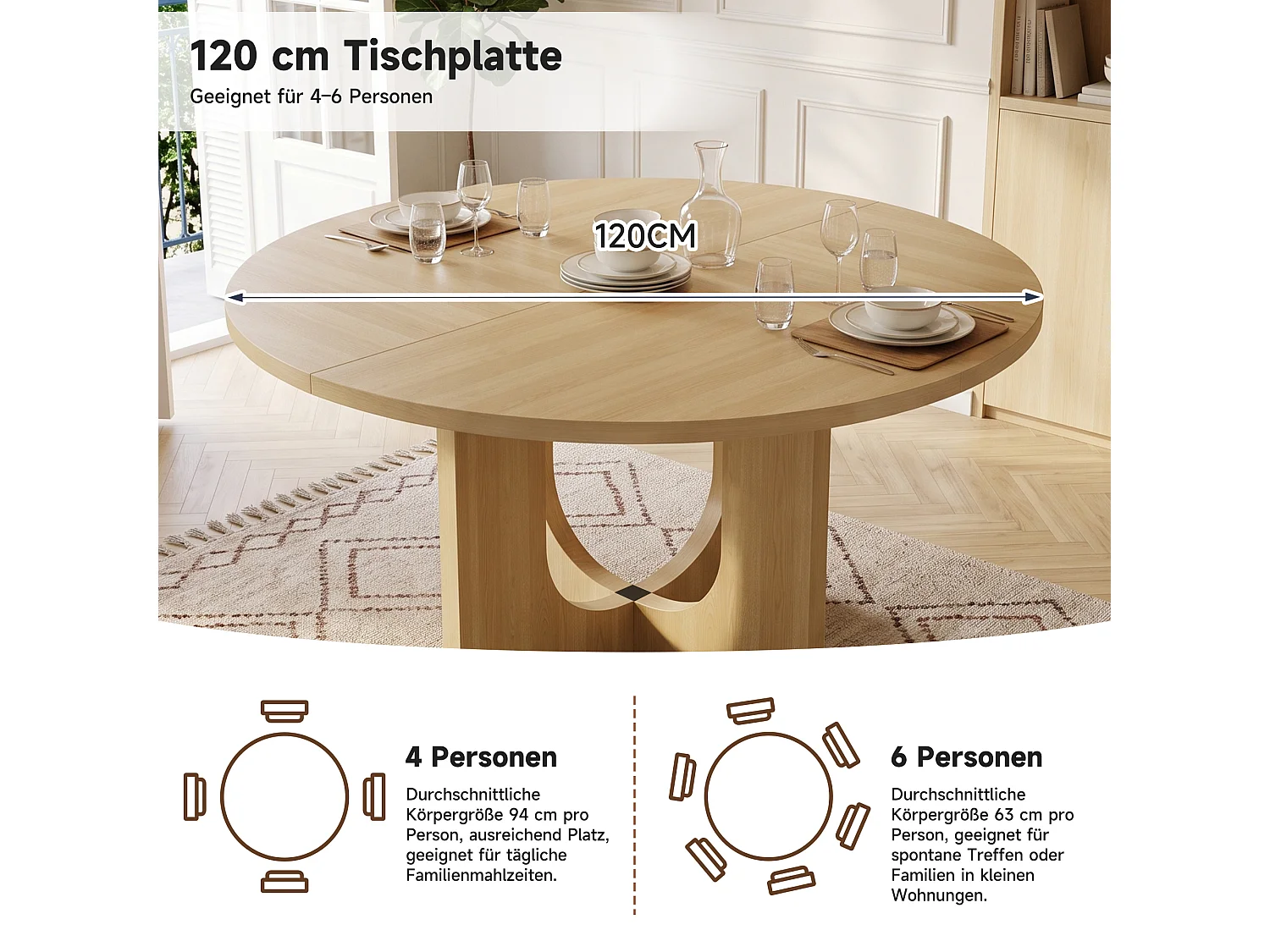 Table à manger ronde 120 cm pour 4 à 6 couverts, design scandinave minimaliste - MDF - 120 x 120 x 75 cm - Chêne