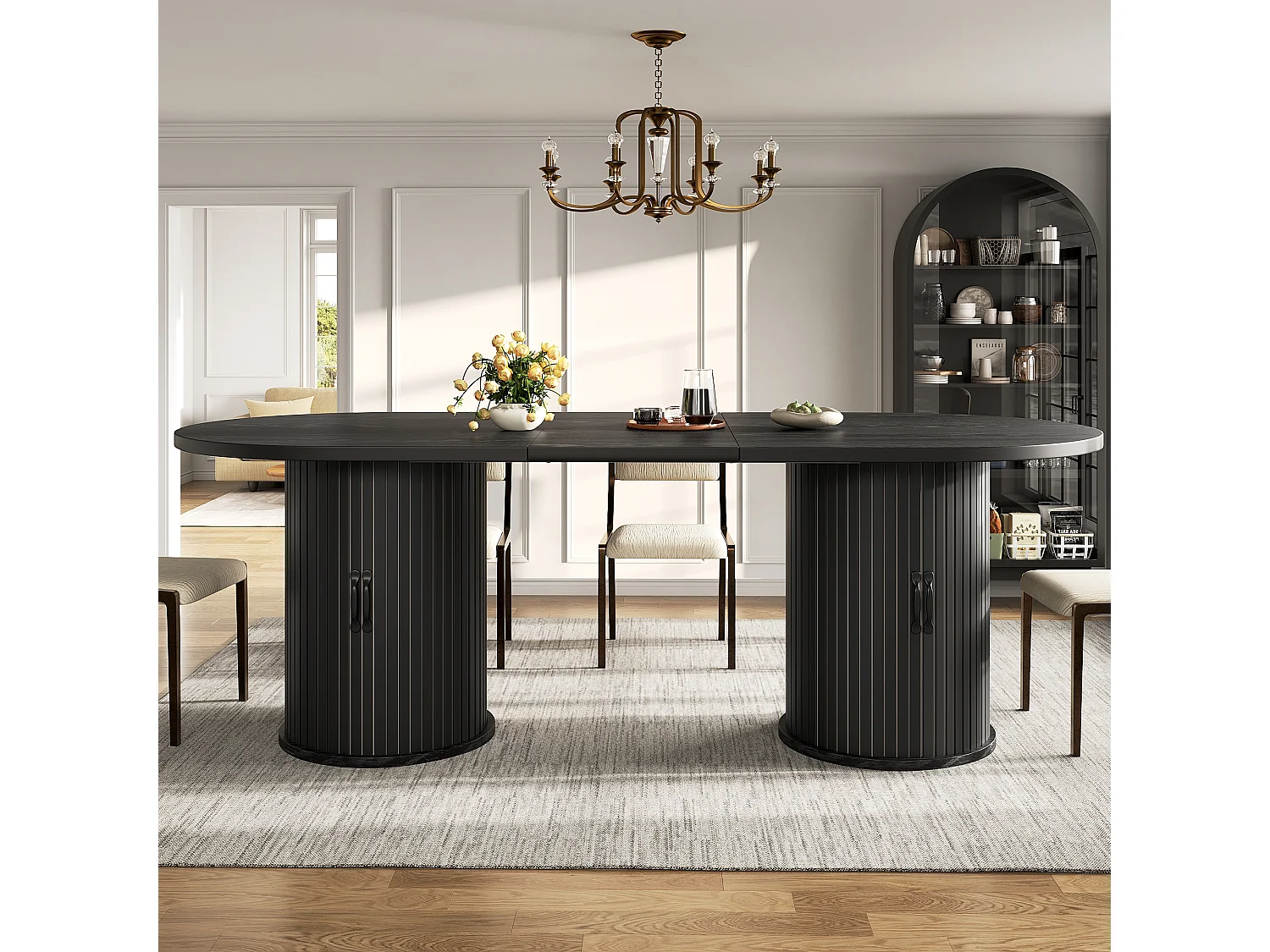 Table à manger ovale et extensible avec 4 portes coulissantes - MDF et métal - 149,8/189,7 x 80 x 75 cm - Noir