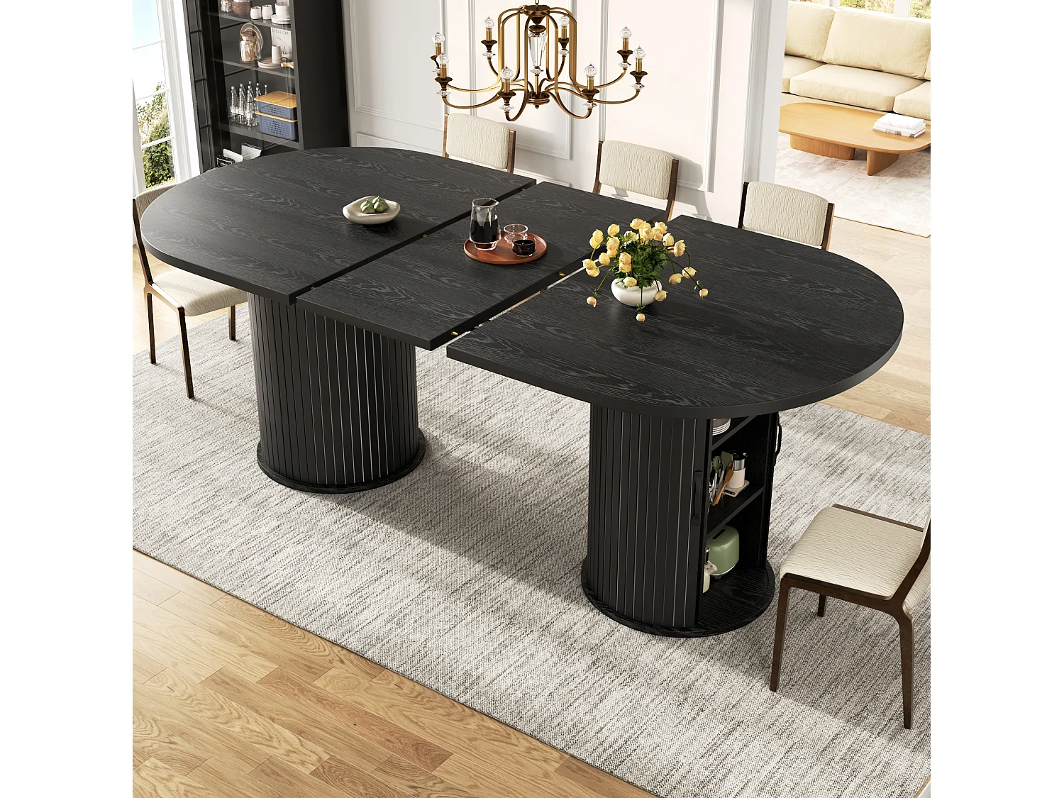 Table à manger ovale et extensible avec 4 portes coulissantes - MDF et métal - 149,8/189,7 x 80 x 75 cm - Noir