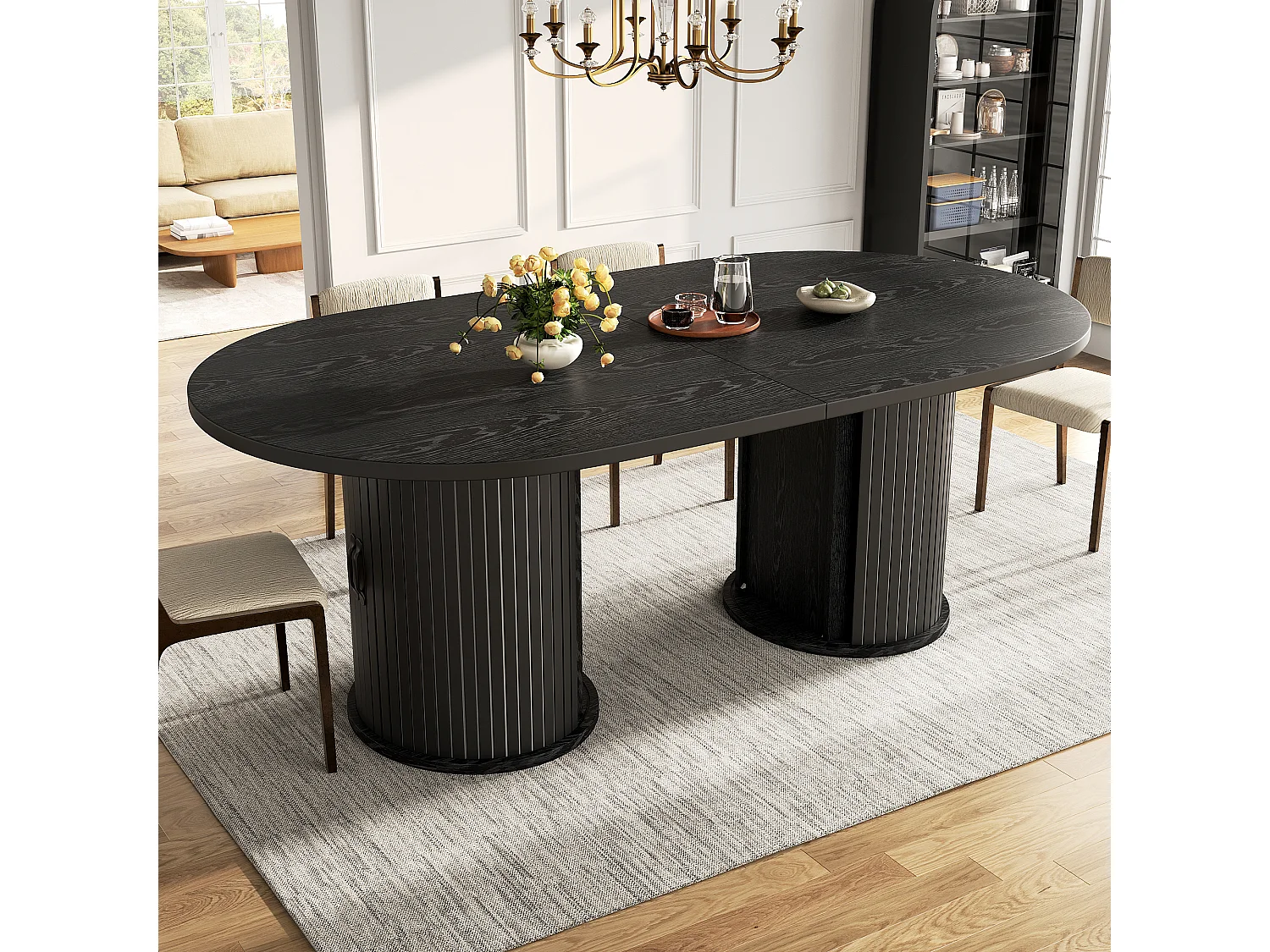 Table à manger ovale et extensible avec 4 portes coulissantes - MDF et métal - 149,8/189,7 x 80 x 75 cm - Noir