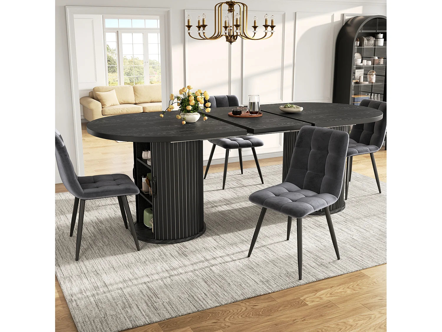 Table à manger ovale et extensible avec 4 portes coulissantes - MDF et métal - 149,8/189,7 x 80 x 75 cm - Noir