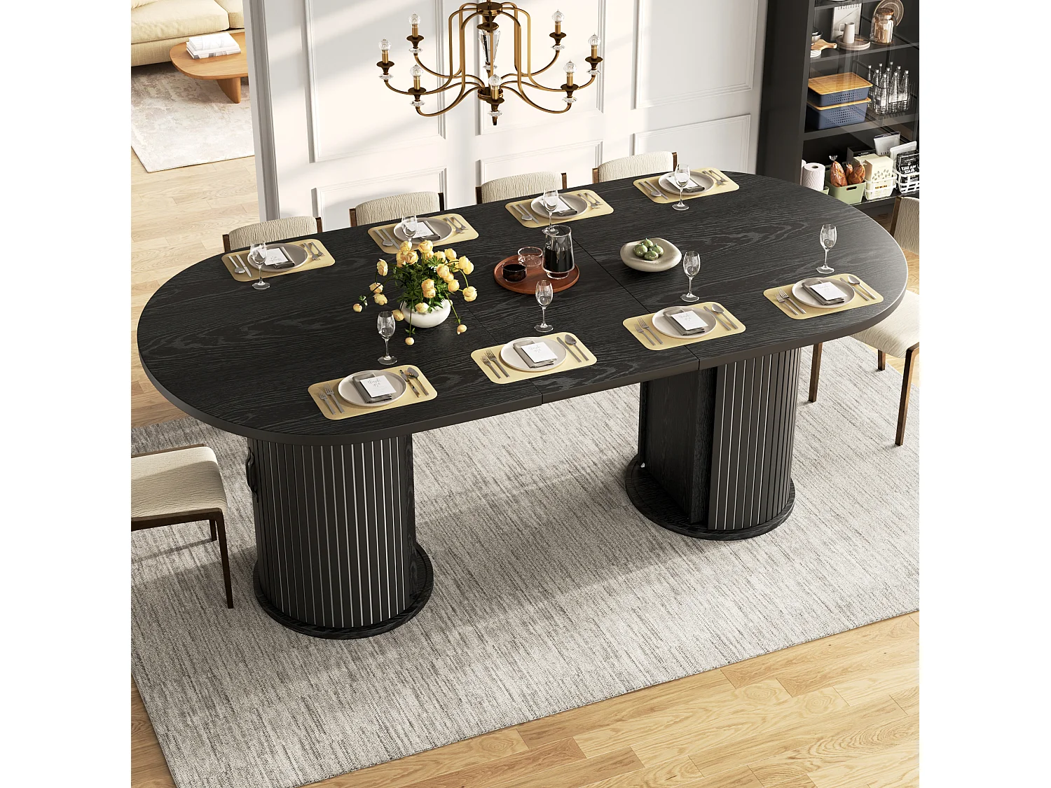 Table à manger ovale et extensible avec 4 portes coulissantes - MDF et métal - 149,8/189,7 x 80 x 75 cm - Noir