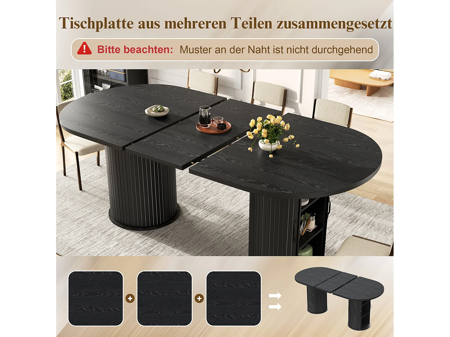 Table à manger ovale et extensible avec 4 portes coulissantes - MDF et métal - 149,8/189,7 x 80 x 75 cm - Noir