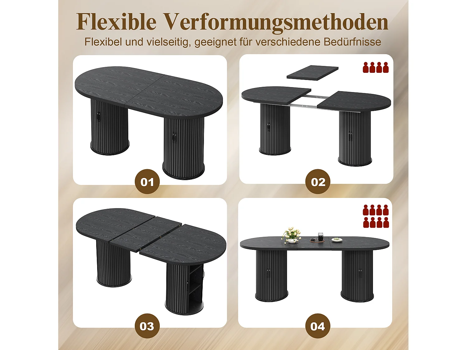 Table à manger ovale et extensible avec 4 portes coulissantes - MDF et métal - 149,8/189,7 x 80 x 75 cm - Noir