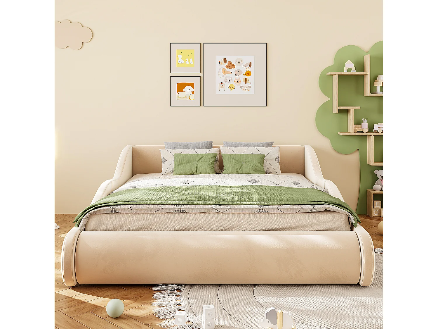 Polstret seng 140 x 200 cm med høj hovedgærde og sengeheste - Velour - Beige (Madras medfølger ikke)