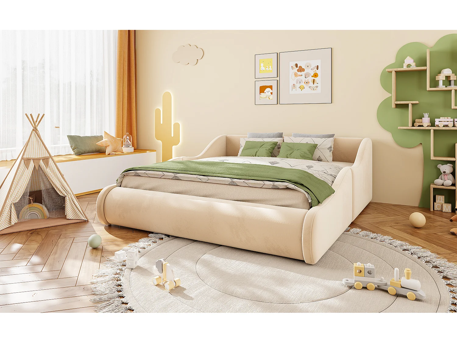 Polstret seng 140 x 200 cm med høj hovedgærde og sengeheste - Velour - Beige (Madras medfølger ikke)