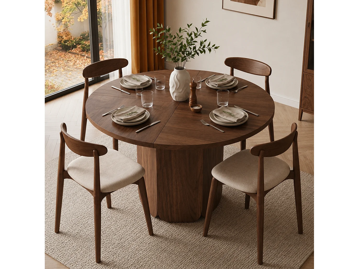Runder Esstisch, 120 cm Durchmesser, für 4 bis 6 Personen, minimalistisches skandinavisches Design – MDF – 120 x 120 x 75 cm – Nussbaum