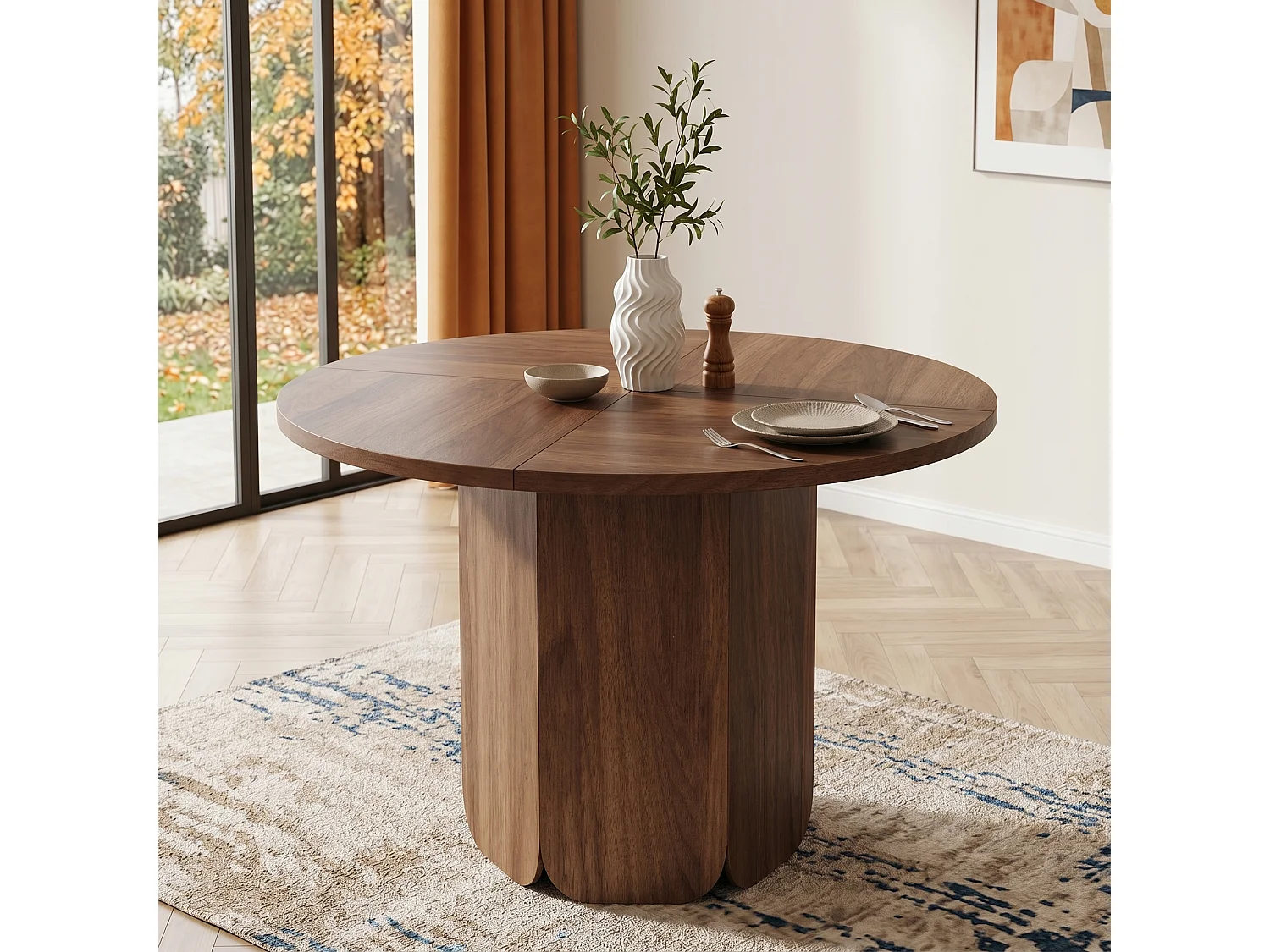 Runder Esstisch, 120 cm Durchmesser, für 4 bis 6 Personen, minimalistisches skandinavisches Design – MDF – 120 x 120 x 75 cm – Nussbaum