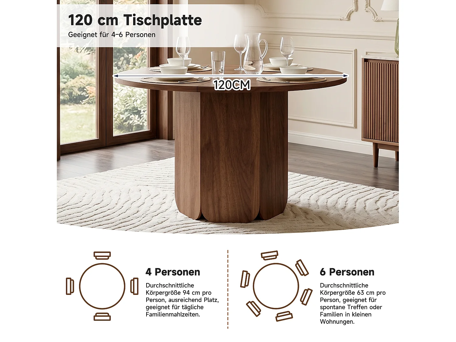 Runder Esstisch, 120 cm Durchmesser, für 4 bis 6 Personen, minimalistisches skandinavisches Design – MDF – 120 x 120 x 75 cm – Nussbaum