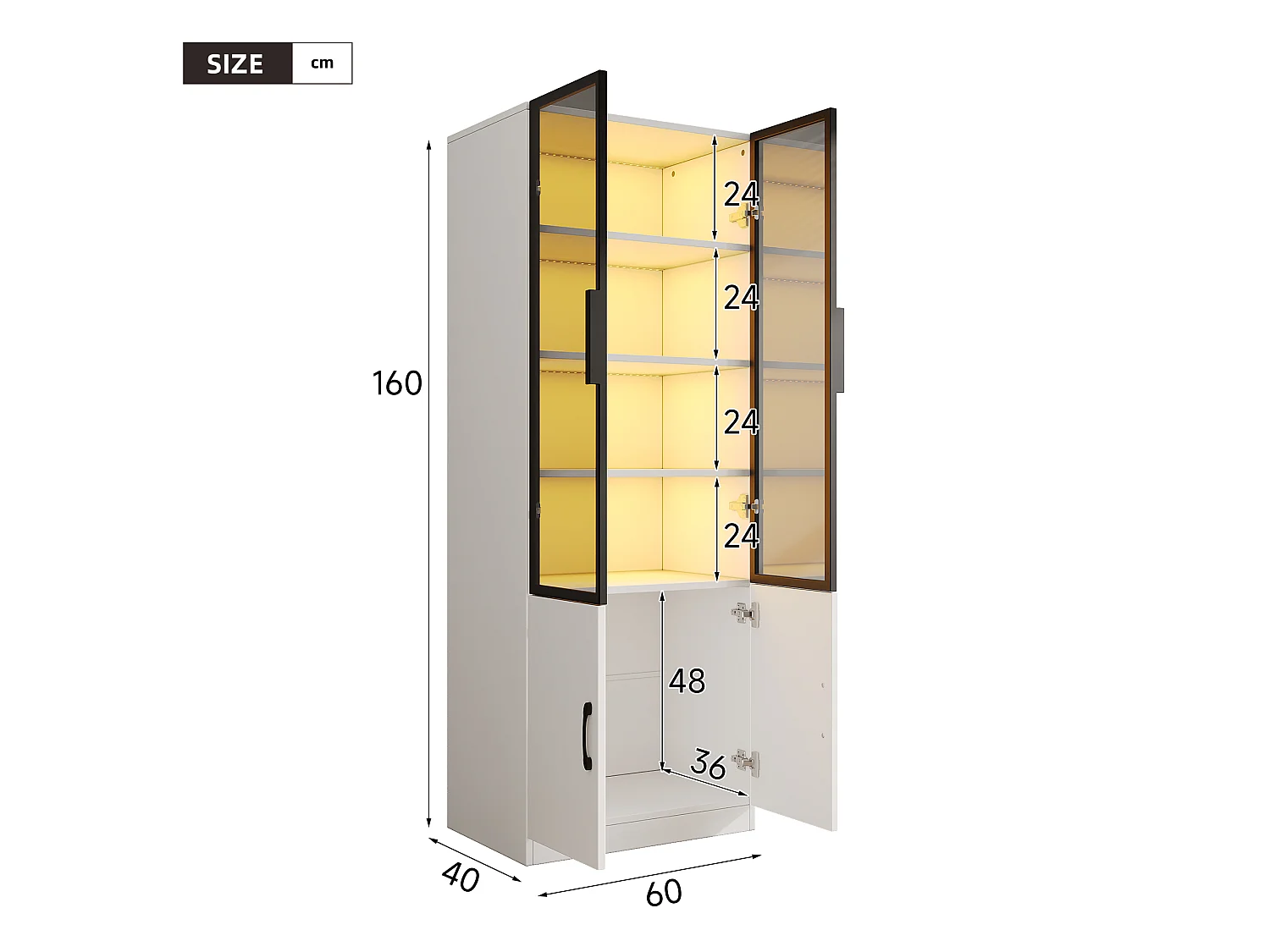 Vitrine mit 2 Rauchglastüren, 2 Holztüren und LED-Beleuchtung – Spanplatte und Glas – 120 x 40 x 160 cm – Weiß