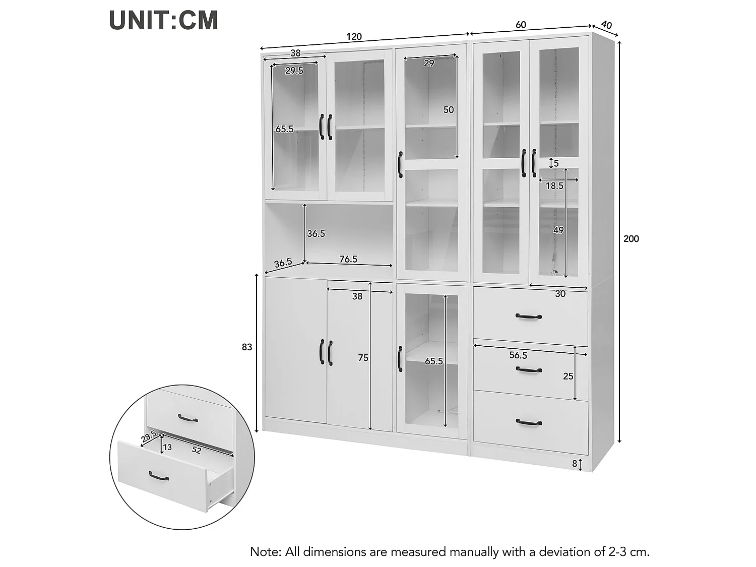 Vitrine mit 8 Türen, 3 Schubladen und LED-Beleuchtung – Spanplatte und Acryl – 180 × 40 × 200 cm – Weiß