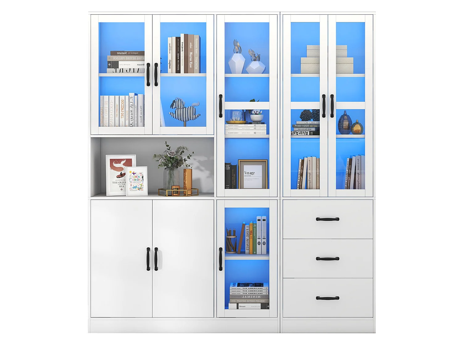 Vitrine mit 8 Türen, 3 Schubladen und LED-Beleuchtung – Spanplatte und Acryl – 180 × 40 × 200 cm – Weiß