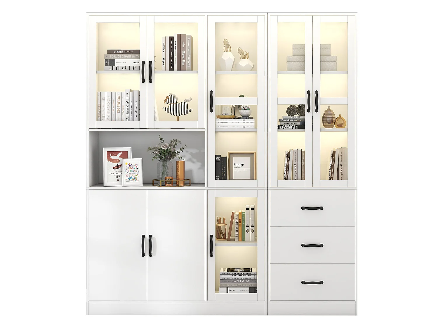 Vitrine mit 8 Türen, 3 Schubladen und LED-Beleuchtung – Spanplatte und Acryl – 180 × 40 × 200 cm – Weiß