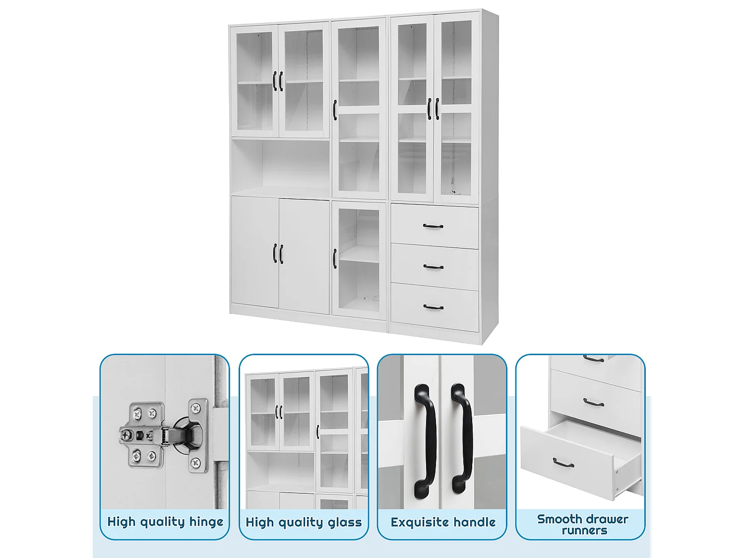 Vitrine mit 8 Türen, 3 Schubladen und LED-Beleuchtung – Spanplatte und Acryl – 180 × 40 × 200 cm – Weiß