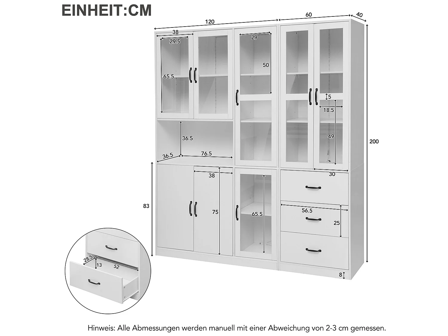 Vitrine mit 8 Türen, 3 Schubladen und LED-Beleuchtung – Spanplatte und Acryl – 180 × 40 × 200 cm – Weiß