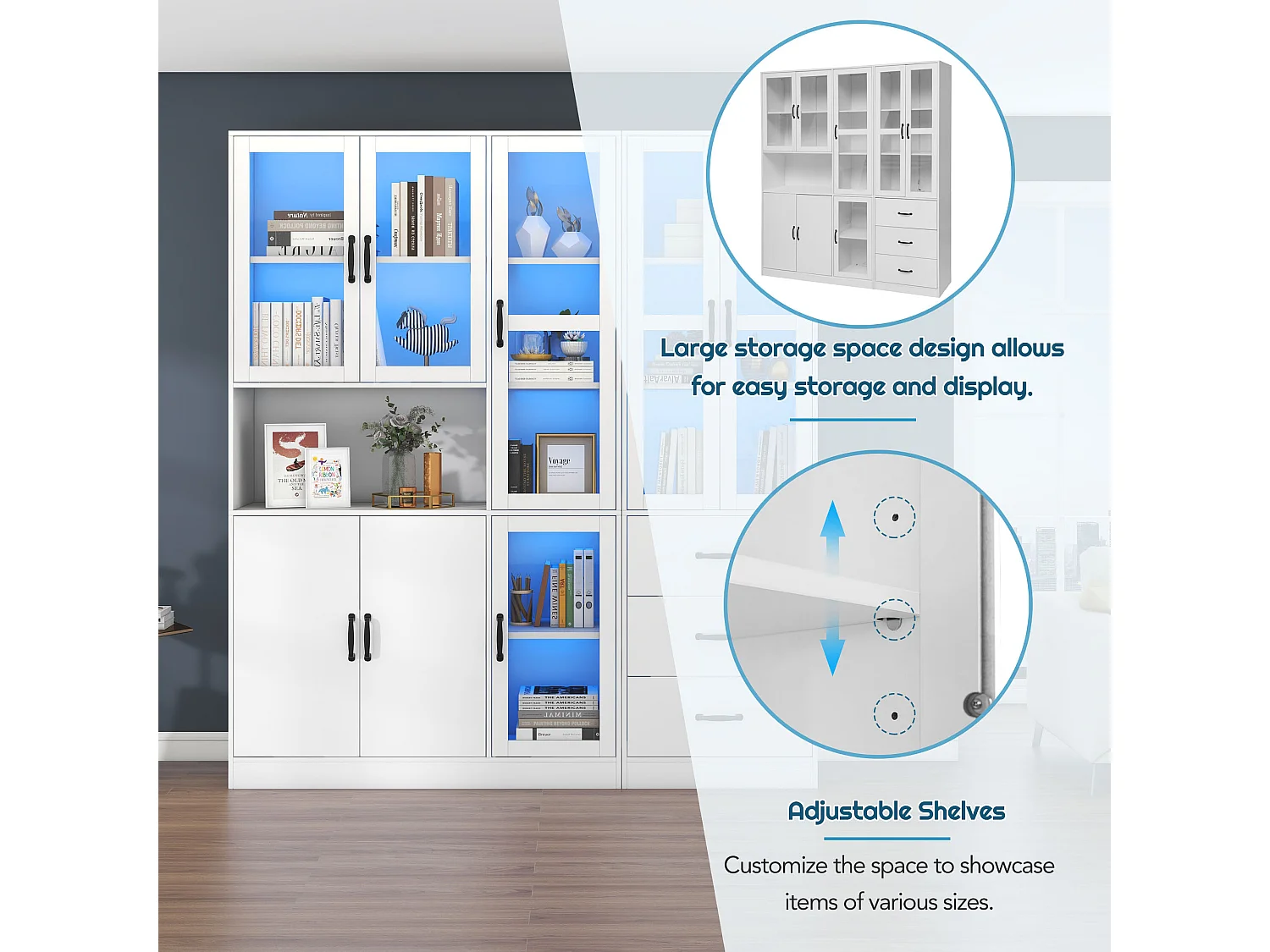 Vitrine mit 8 Türen, 3 Schubladen und LED-Beleuchtung – Spanplatte und Acryl – 180 × 40 × 200 cm – Weiß