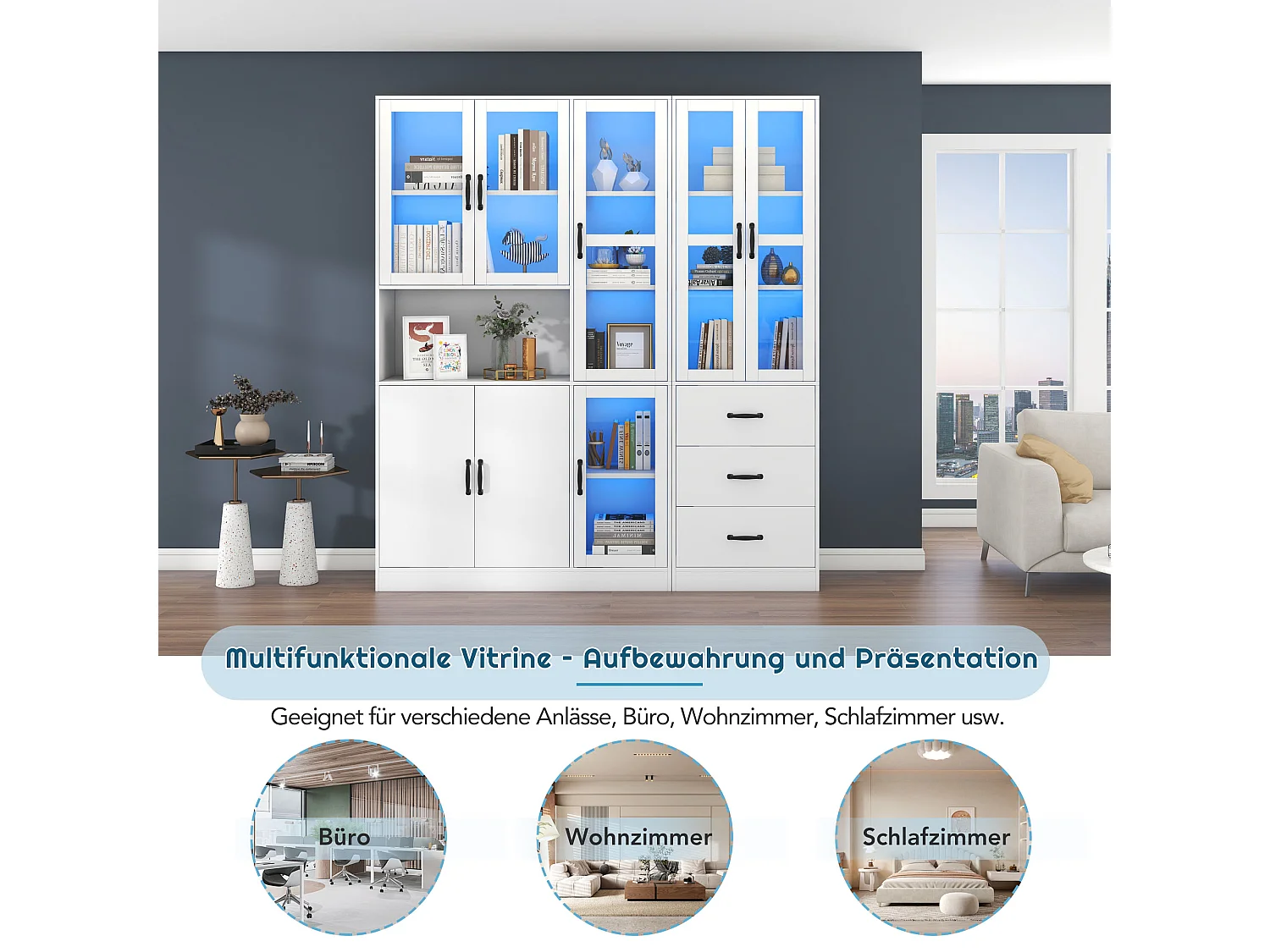 Vitrine mit 8 Türen, 3 Schubladen und LED-Beleuchtung – Spanplatte und Acryl – 180 × 40 × 200 cm – Weiß