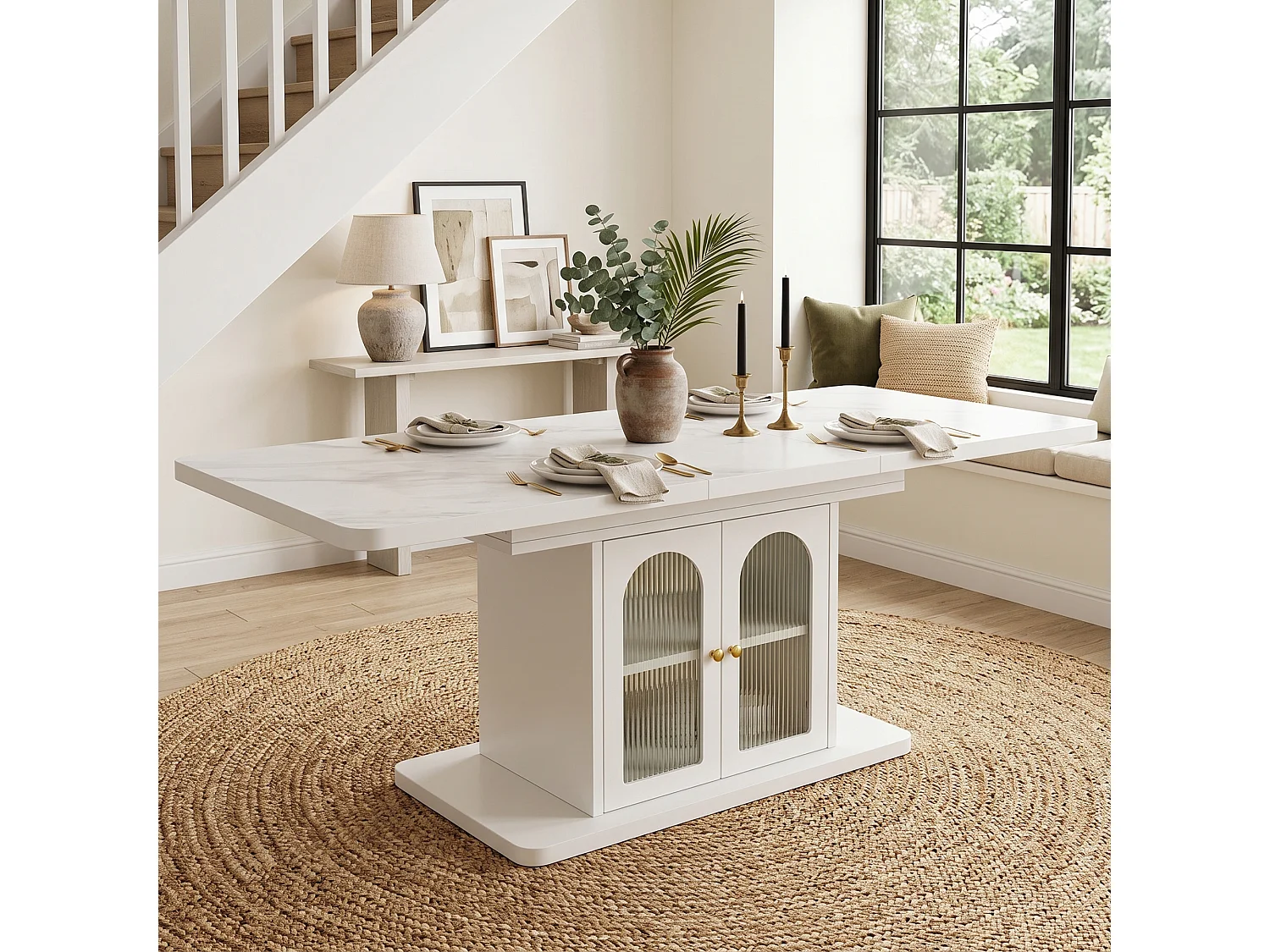 Table à manger extensible pour 6 à 8 couverts avec 2 portes et LED - MDF - Plateau effet marbre - 150/200 x 80 x 76 cm - Blanc