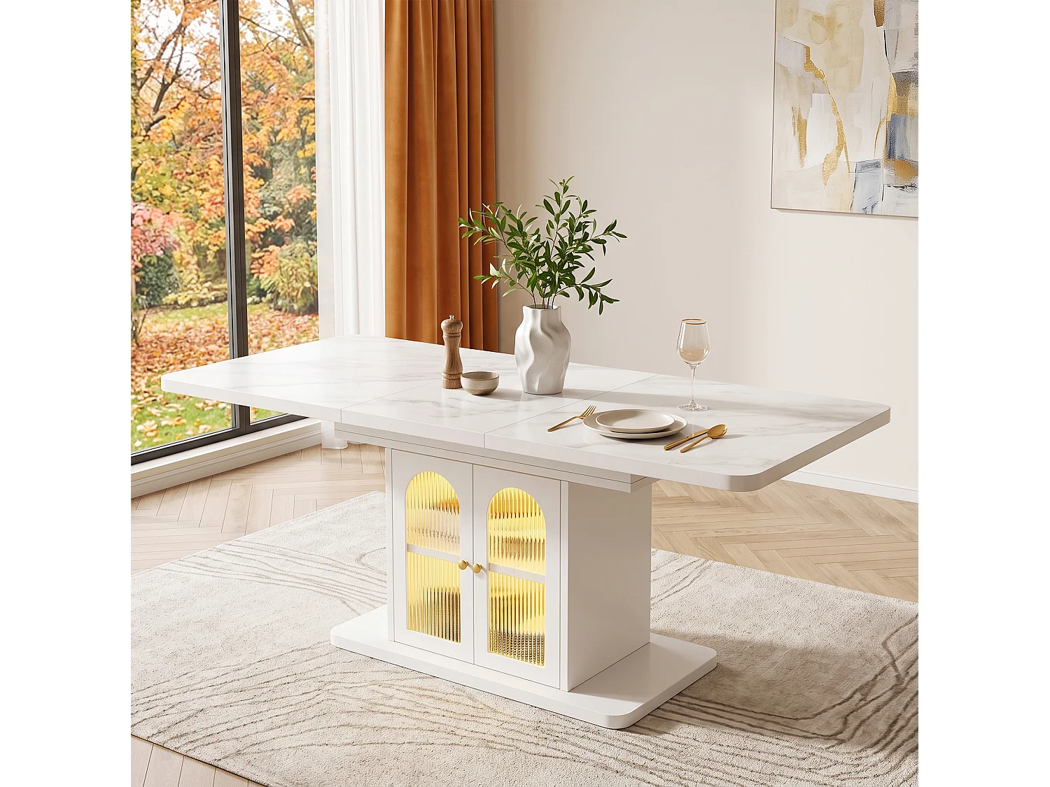 Table à manger extensible pour 6 à 8 couverts avec 2 portes et LED - MDF - Plateau effet marbre - 150/200 x 80 x 76 cm - Blanc