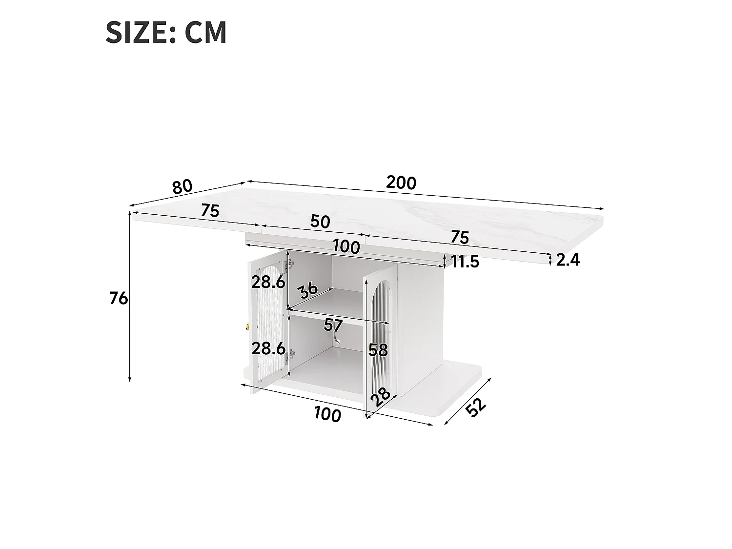 Table à manger extensible pour 6 à 8 couverts avec 2 portes et LED - MDF - Plateau effet marbre - 150/200 x 80 x 76 cm - Blanc