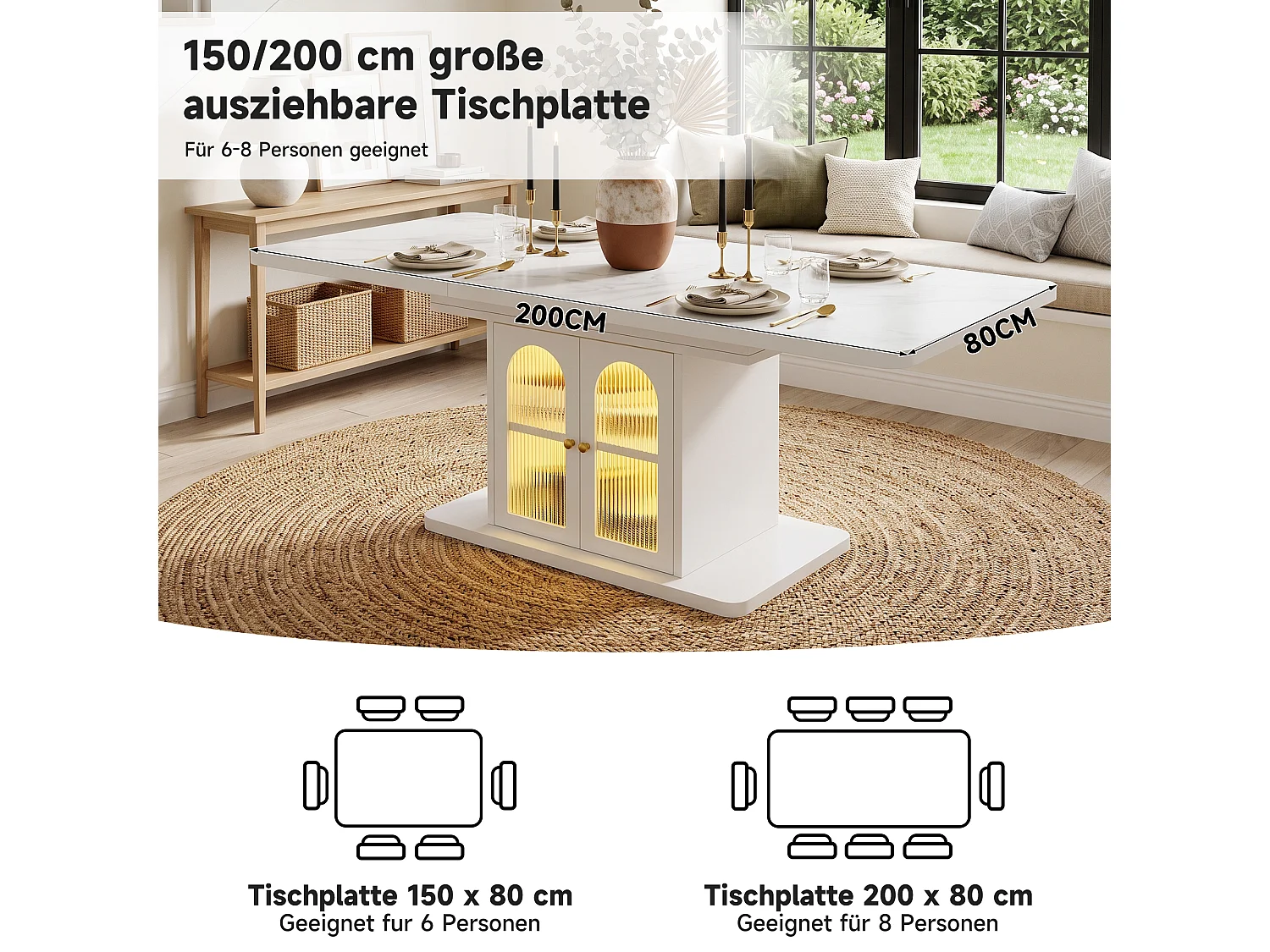 Table à manger extensible pour 6 à 8 couverts avec 2 portes et LED - MDF - Plateau effet marbre - 150/200 x 80 x 76 cm - Blanc