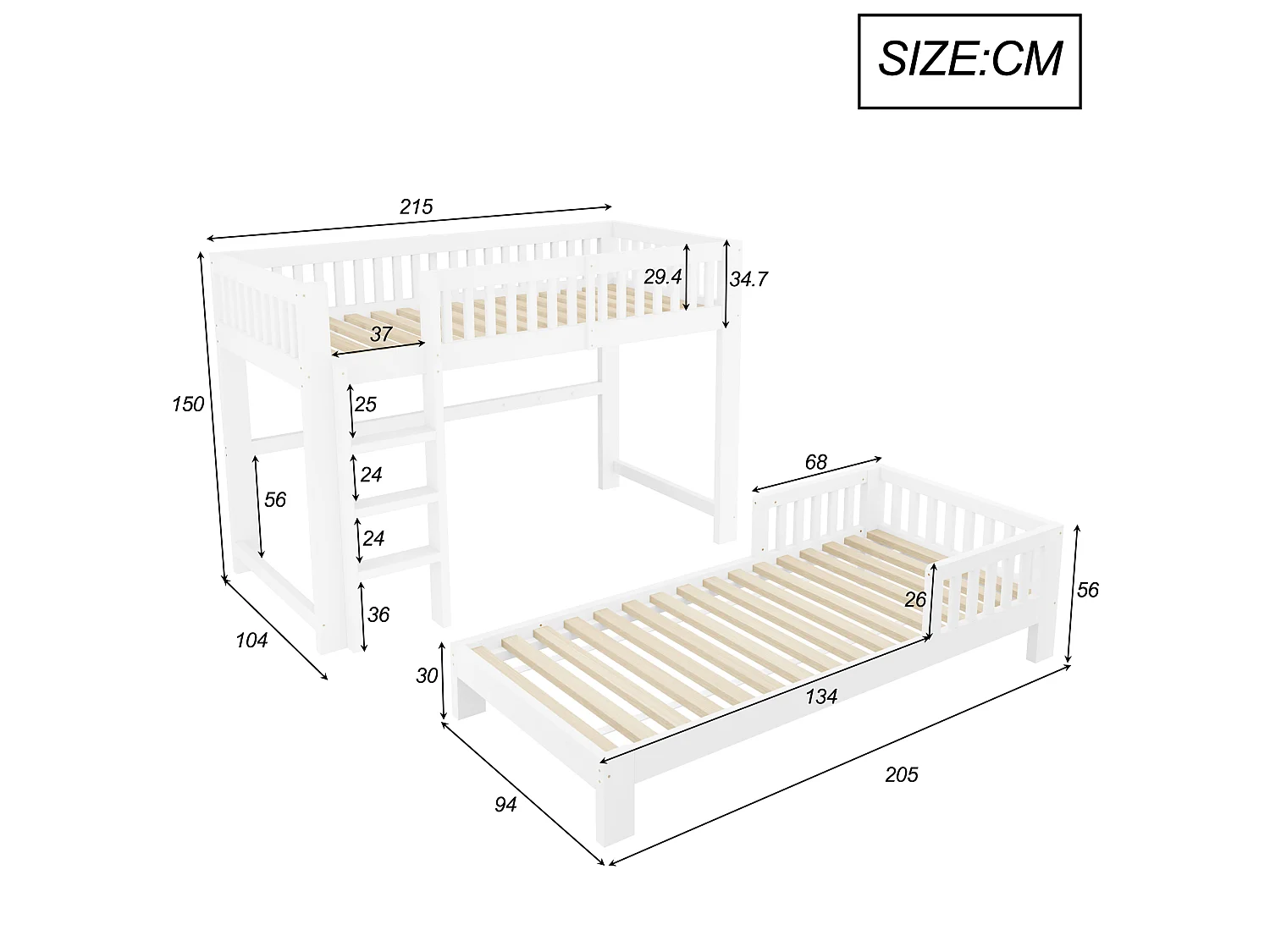 Letti a castello modulari 2 x 90 x 200 cm con sponde di sicurezza - Legno - Bianco (Materasso non incluso)