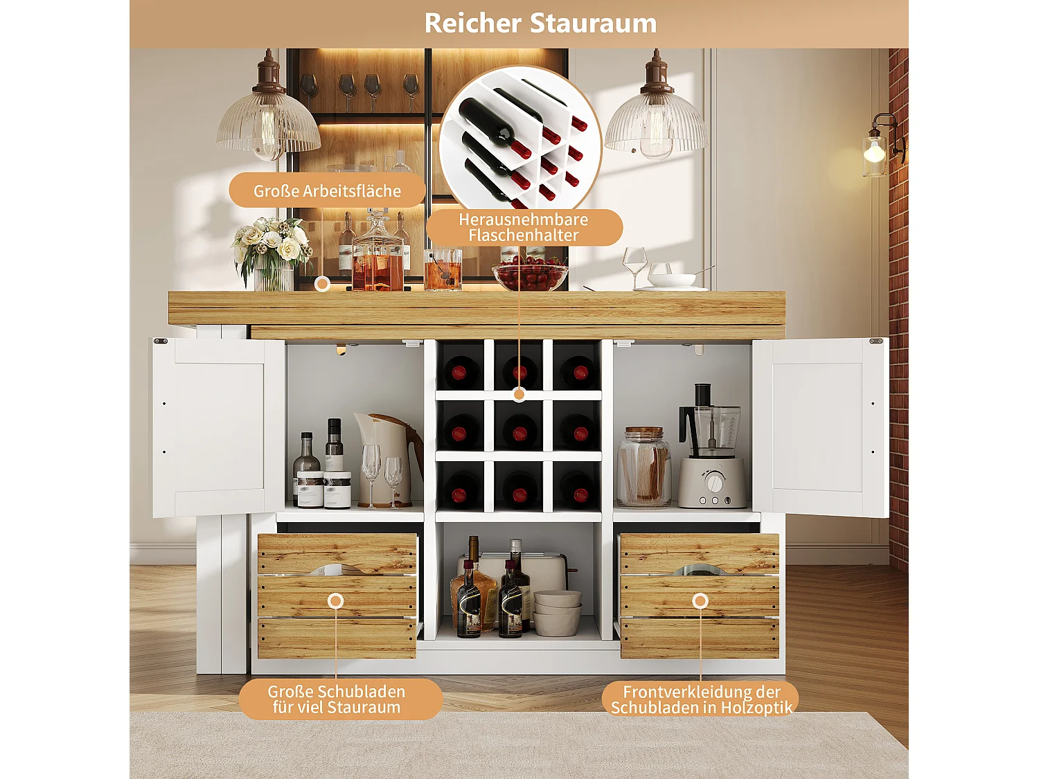 Rozkładany stół jadalny ze zintegrowaną szafką, 2 drzwi, 2 szuflady, blat obrotowy 360° - MDF - 120-197 x 40 x 72 cm - biały