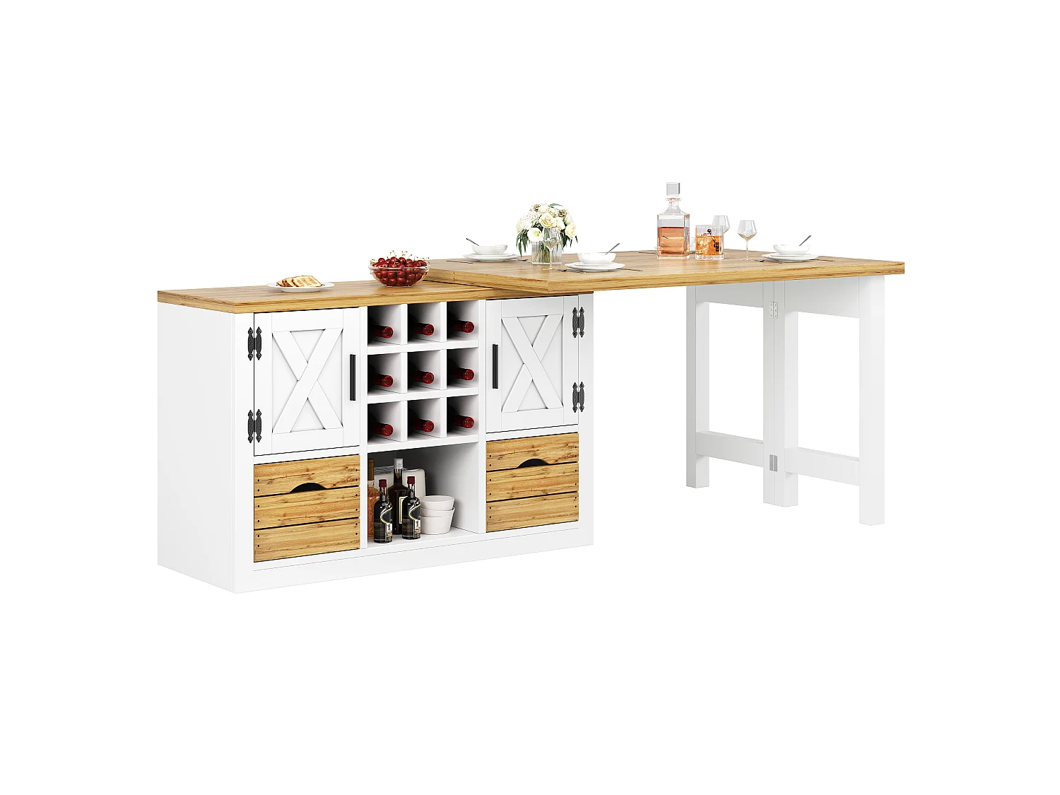 Rozkładany stół jadalny ze zintegrowaną szafką, 2 drzwi, 2 szuflady, blat obrotowy 360° - MDF - 120-197 x 40 x 72 cm - biały