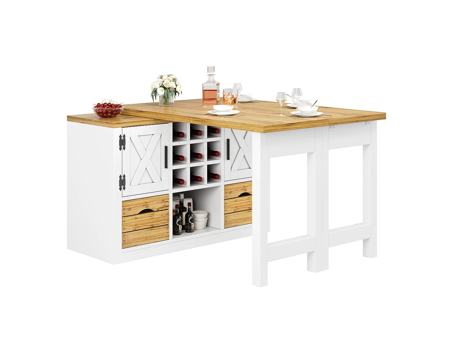 Rozkładany stół jadalny ze zintegrowaną szafką, 2 drzwi, 2 szuflady, blat obrotowy 360° - MDF - 120-197 x 40 x 72 cm - biały