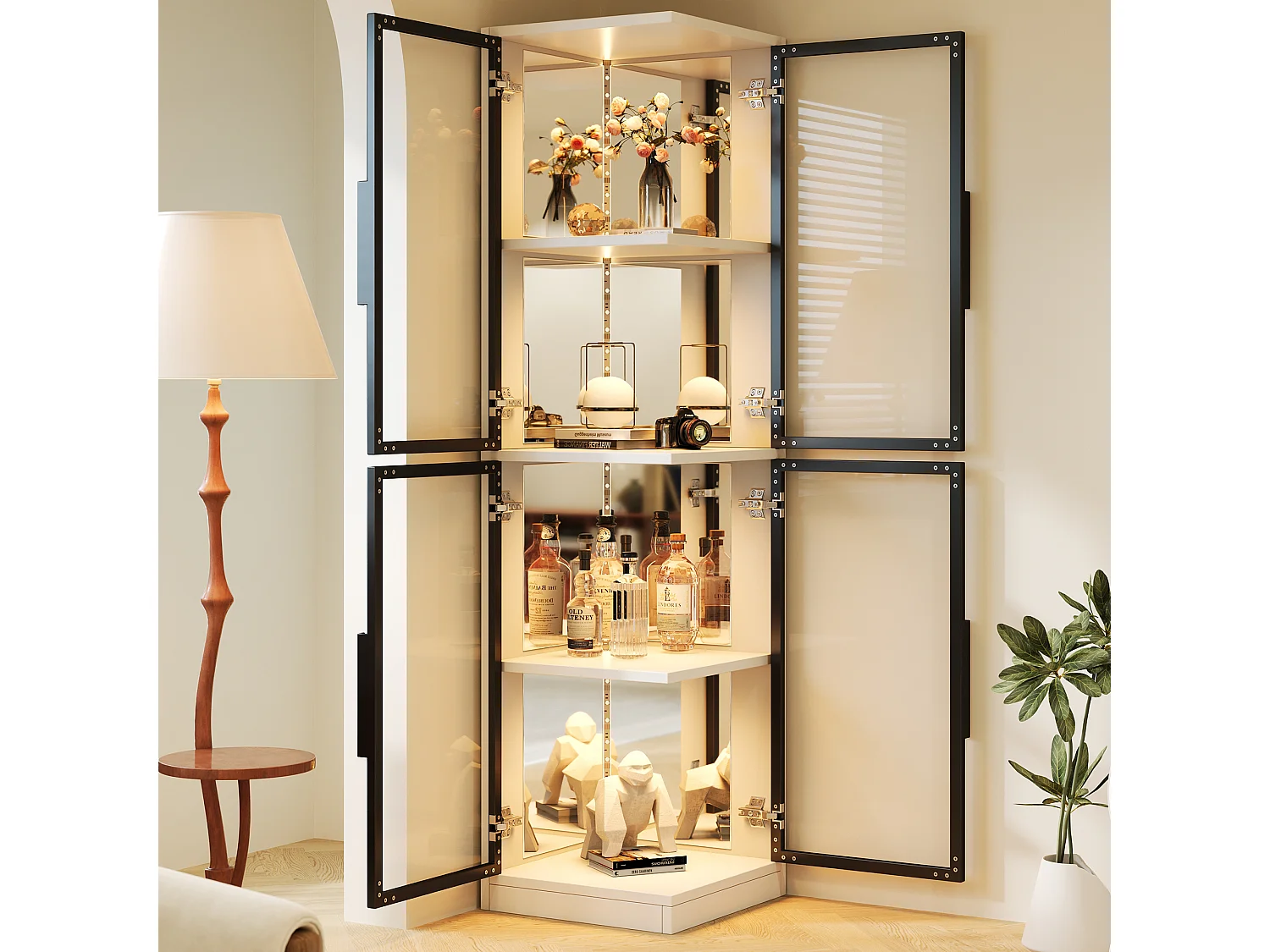 Vitrine d'angle avec 4 portes, LED et fond miroir - Verre trempé et panneaux de particules - 44 x 42 x 164 cm - Blanc