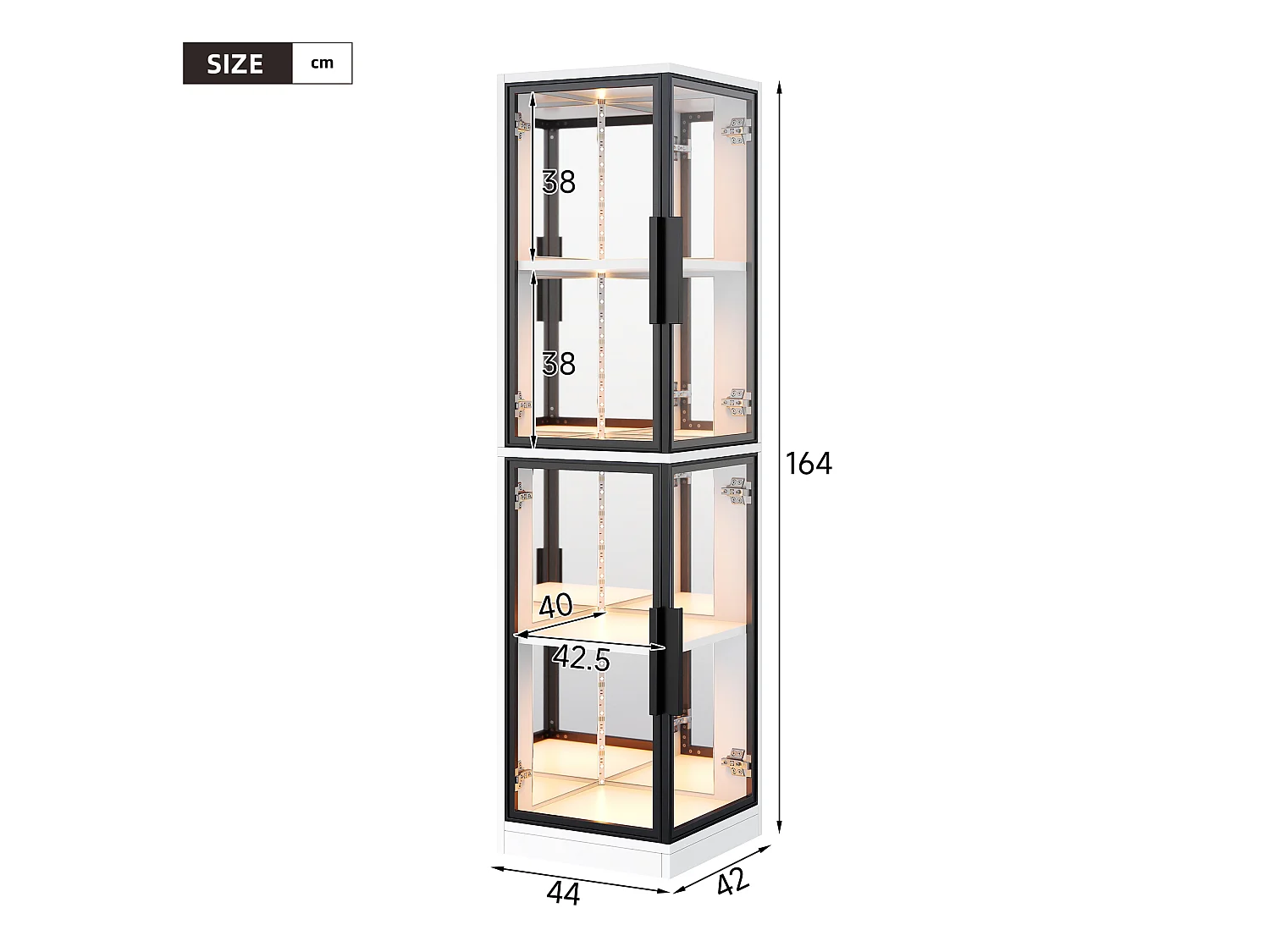 Vitrine d'angle avec 4 portes, LED et fond miroir - Verre trempé et panneaux de particules - 44 x 42 x 164 cm - Blanc