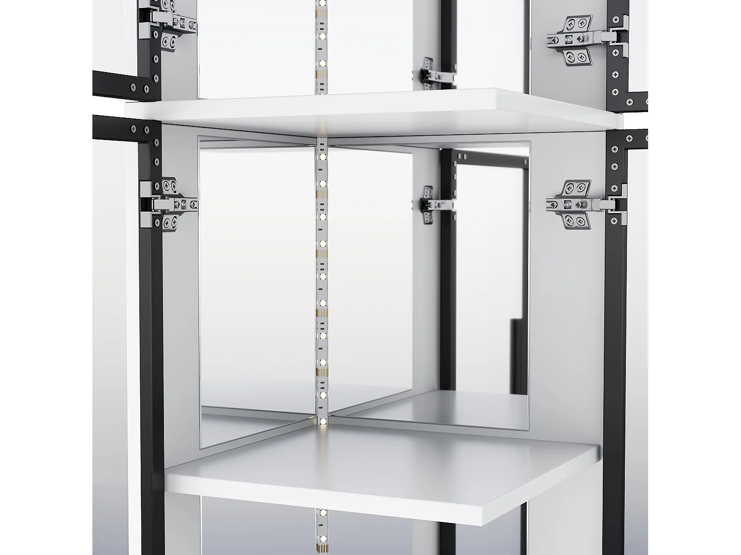 Vitrine d'angle avec 4 portes, LED et fond miroir - Verre trempé et panneaux de particules - 44 x 42 x 164 cm - Blanc