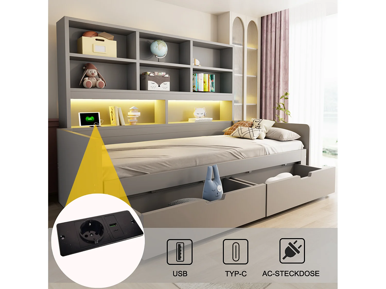 Łóżko wysuwane 90/180 x 200 cm z 2 szufladami, przegródkami, oświetleniem LED i gniazdkami elektrycznymi - MDF - Szare (Materac nie jest wliczony w cenę)
