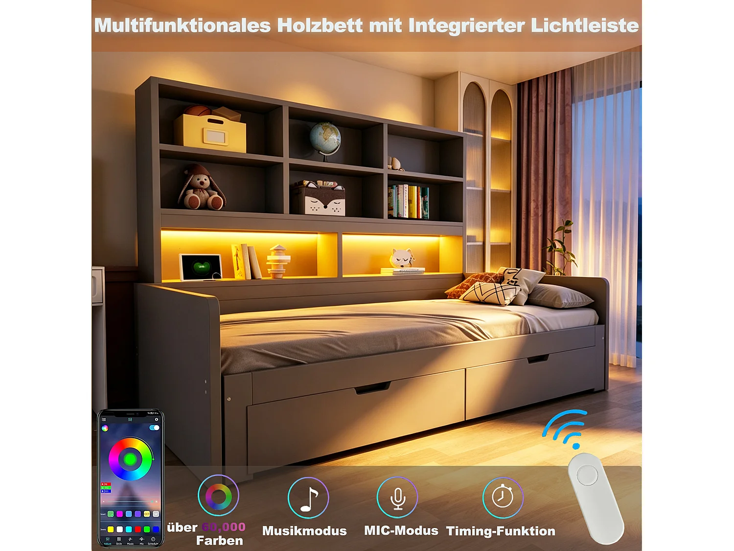 Łóżko wysuwane 90/180 x 200 cm z 2 szufladami, przegródkami, oświetleniem LED i gniazdkami elektrycznymi - MDF - Szare (Materac nie jest wliczony w cenę)