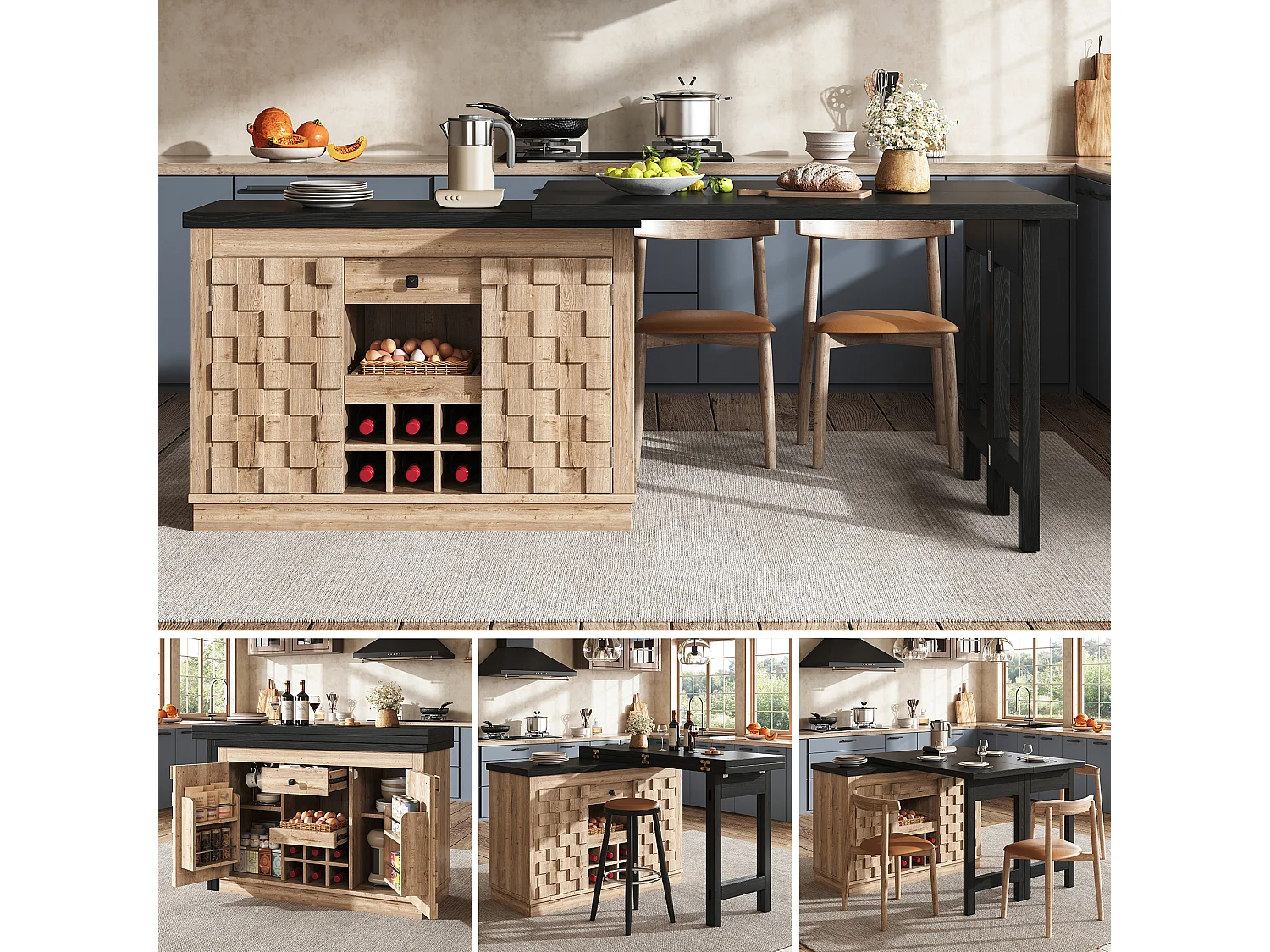 Table à manger pivotant 360° et pliable avec 6 porte-bouteilles, 2 portes et 1 tiroir - MDF et métal - 120/197 x 40 x 74,2 cm - Chêne clair