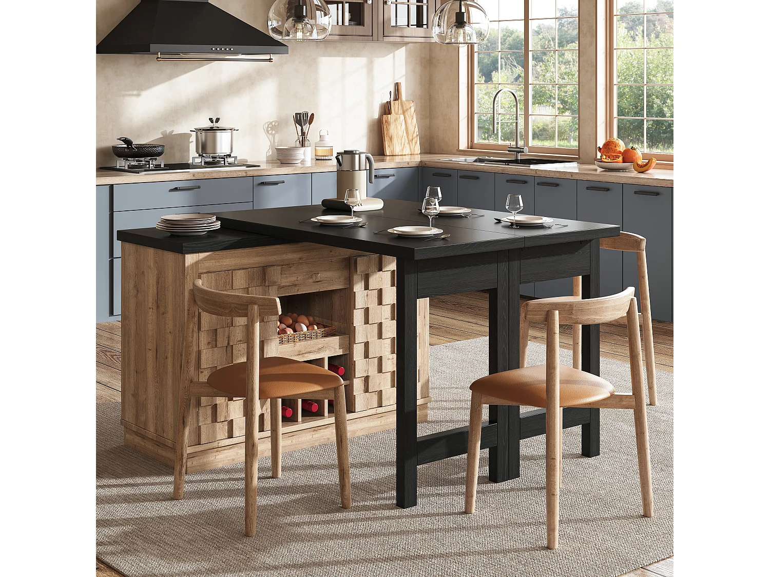 Table à manger pivotant 360° et pliable avec 6 porte-bouteilles, 2 portes et 1 tiroir - MDF et métal - 120/197 x 40 x 74,2 cm - Chêne clair